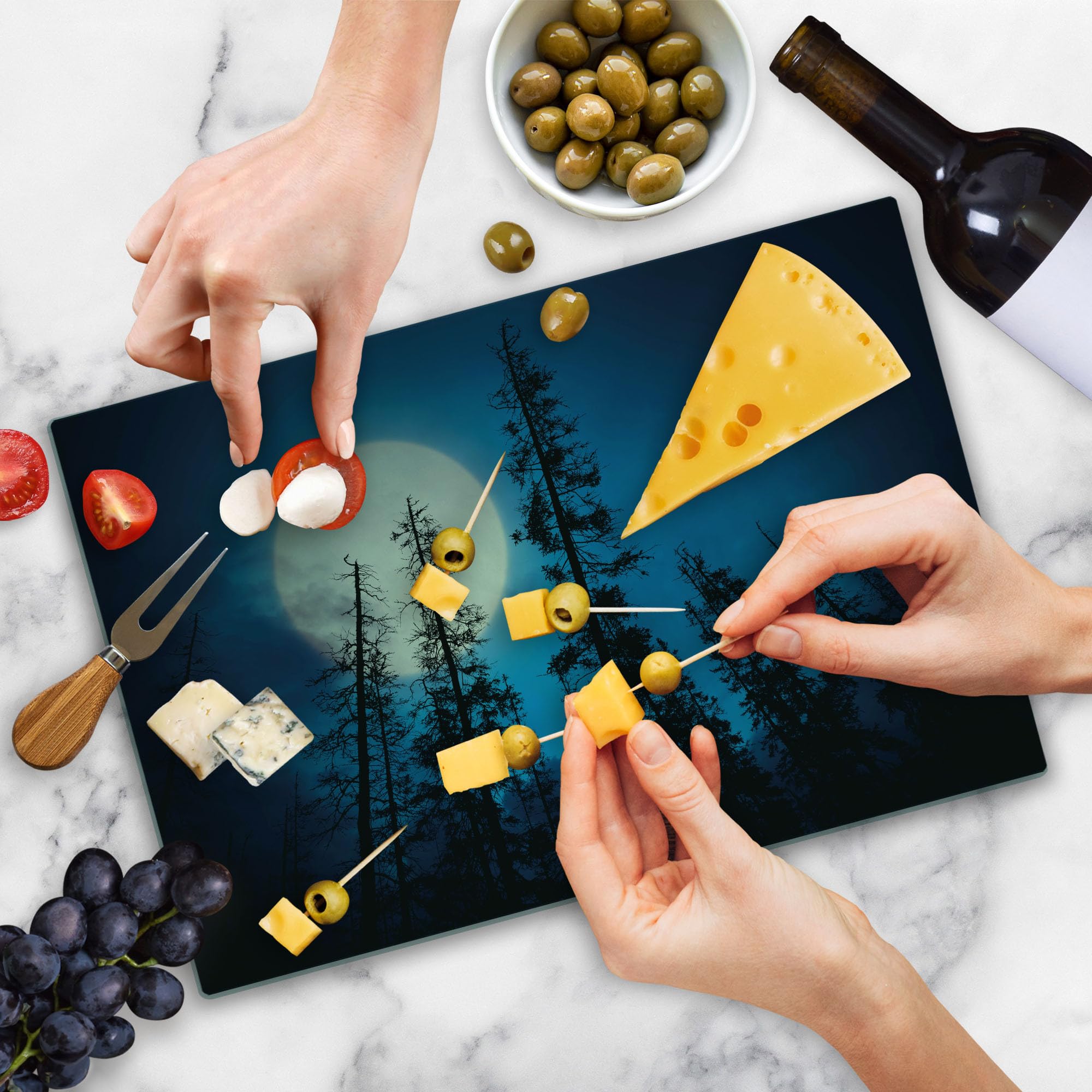Ambesonne Dark Blue Tempered Glass Cutting Board - Spooky Mysterious Forest with Tall Trees & Full Moon Design - Large Decorative Serving Board for Kitchen & Dining - Perfect for Halloween Parties, Gifts & Home Decor