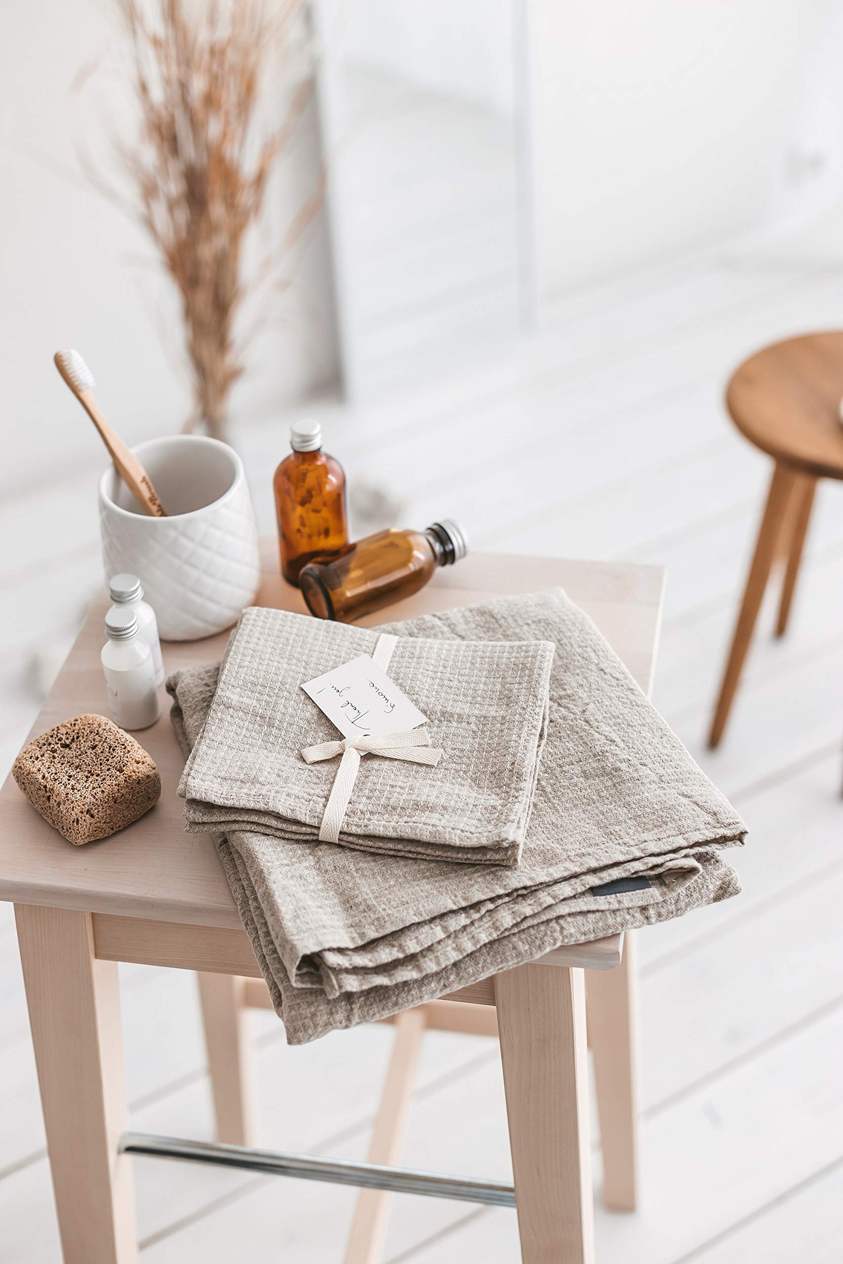 4-Piece 100% Linen Towel Set - 2 Bath Towels & 2 Hand Towels | Natural Waffle Weave, Pre-Washed, Quick-Drying & Ultra Absorbent | Eco-Friendly Bathroom Towels for Spa, Beach & Luxury Home Use