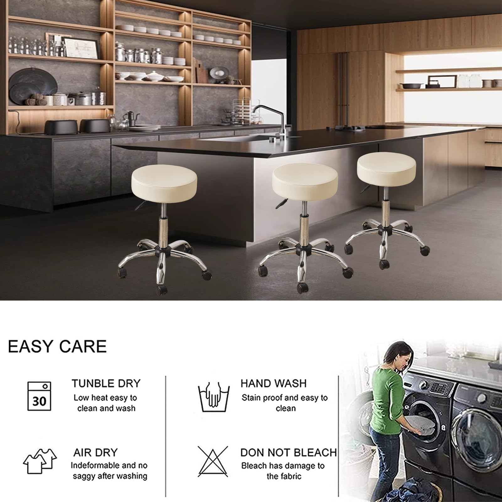HAOYONG Waterproof Round Bar Stool Covers Set of 2 - Stretch PU Leather Seat Cushion Covers with Non-Slip Bottom for Kitchen, Dining Room & Pub (Beige) | Perfect for Home Decor, Restaurant Seating & Bar Counter Protection