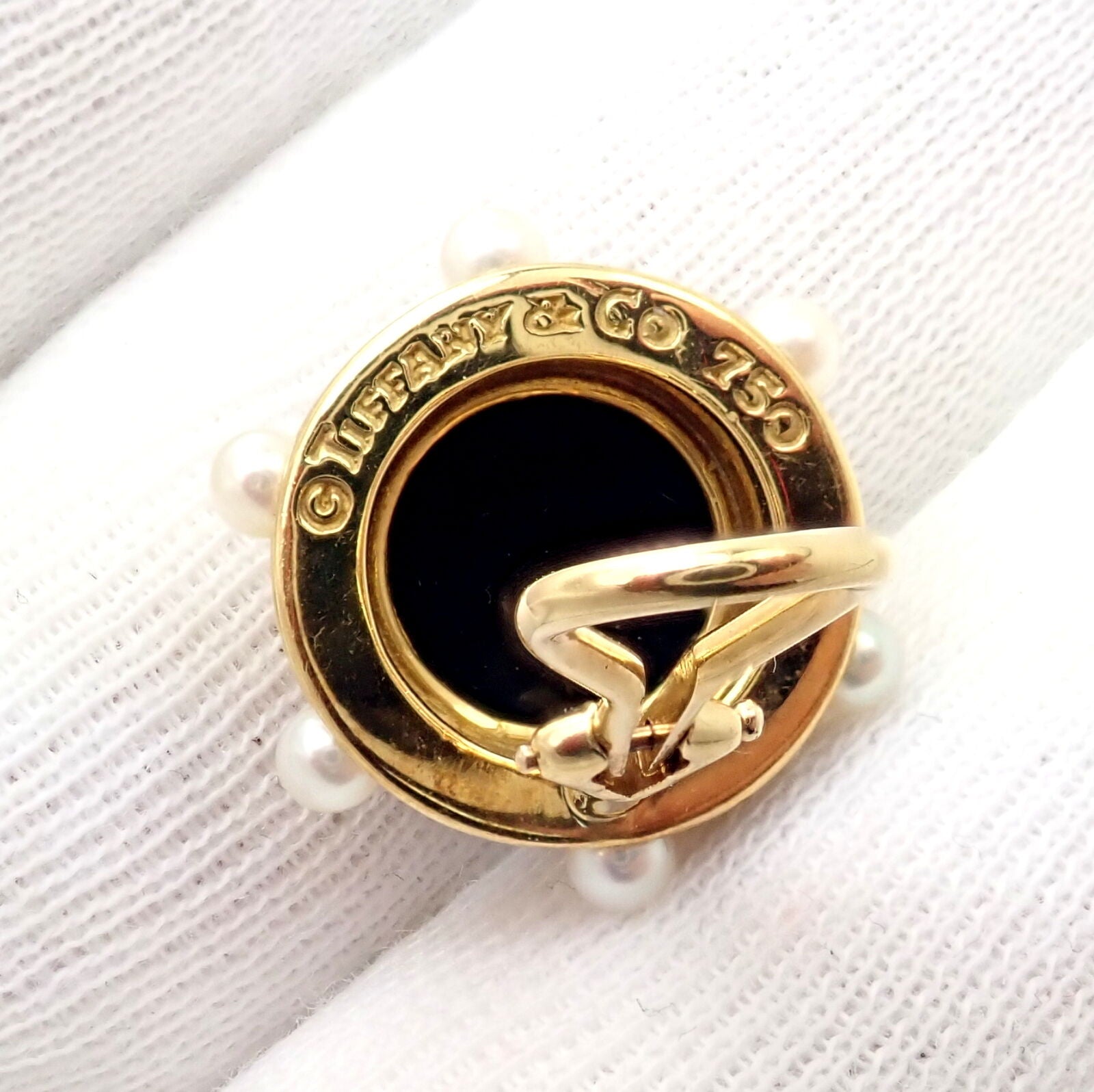 Vintage Authentic Tiffany & Co. 18k Yellow Gold Pearl & Onyx Earrings - Rare Luxury Jewelry for Women, Elegant Gift for Anniversary, Wedding & Special Occasions