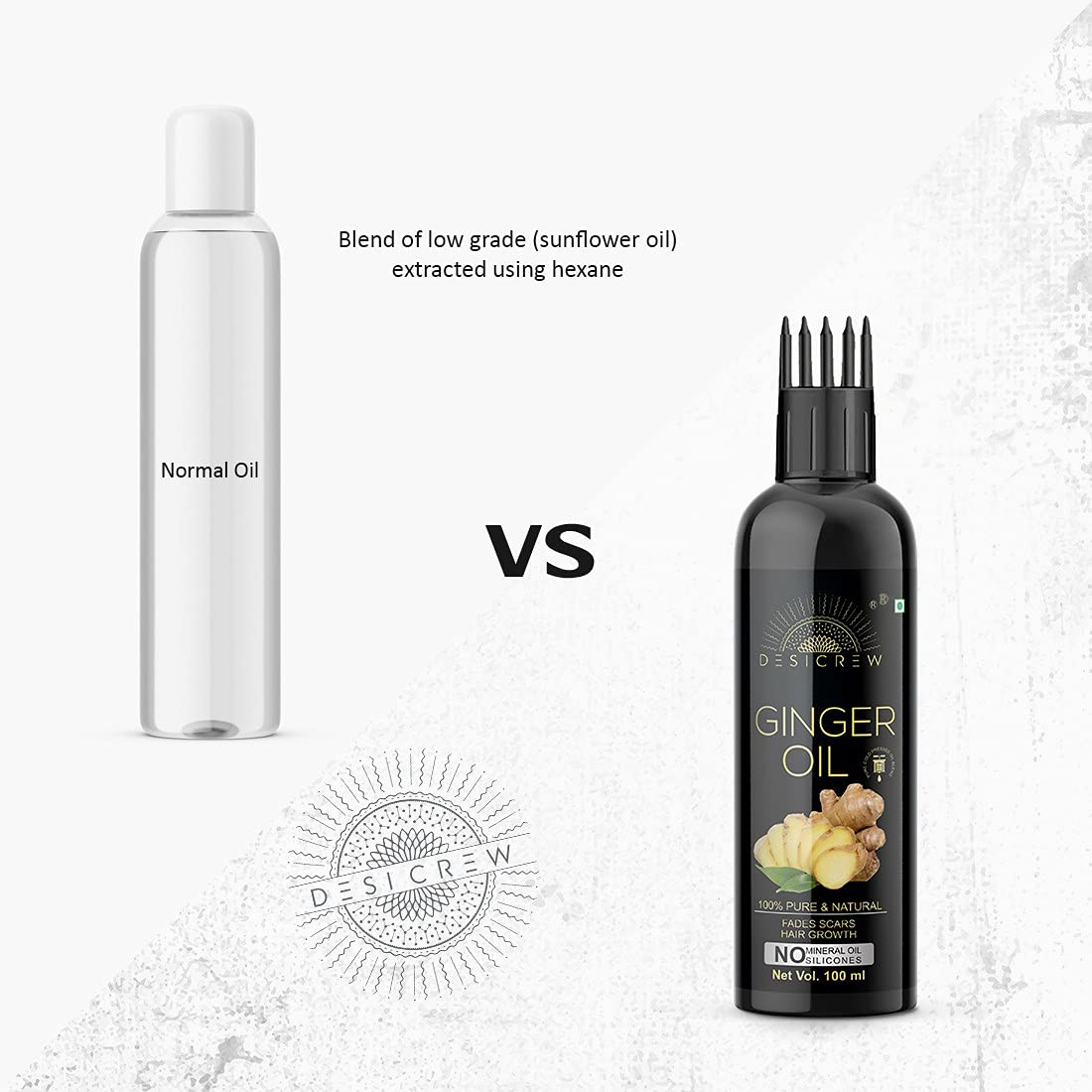 DESICREW Pure Cold Pressed Ginger Hair Oil with Comb Applicator - Natural Anti Hair Loss Treatment for Men & Women - 2 Bottles (200ml Each) - Promotes Hair Growth & Reduces Breakage - Perfect for Daily Scalp Massage & Damaged Hair Care
