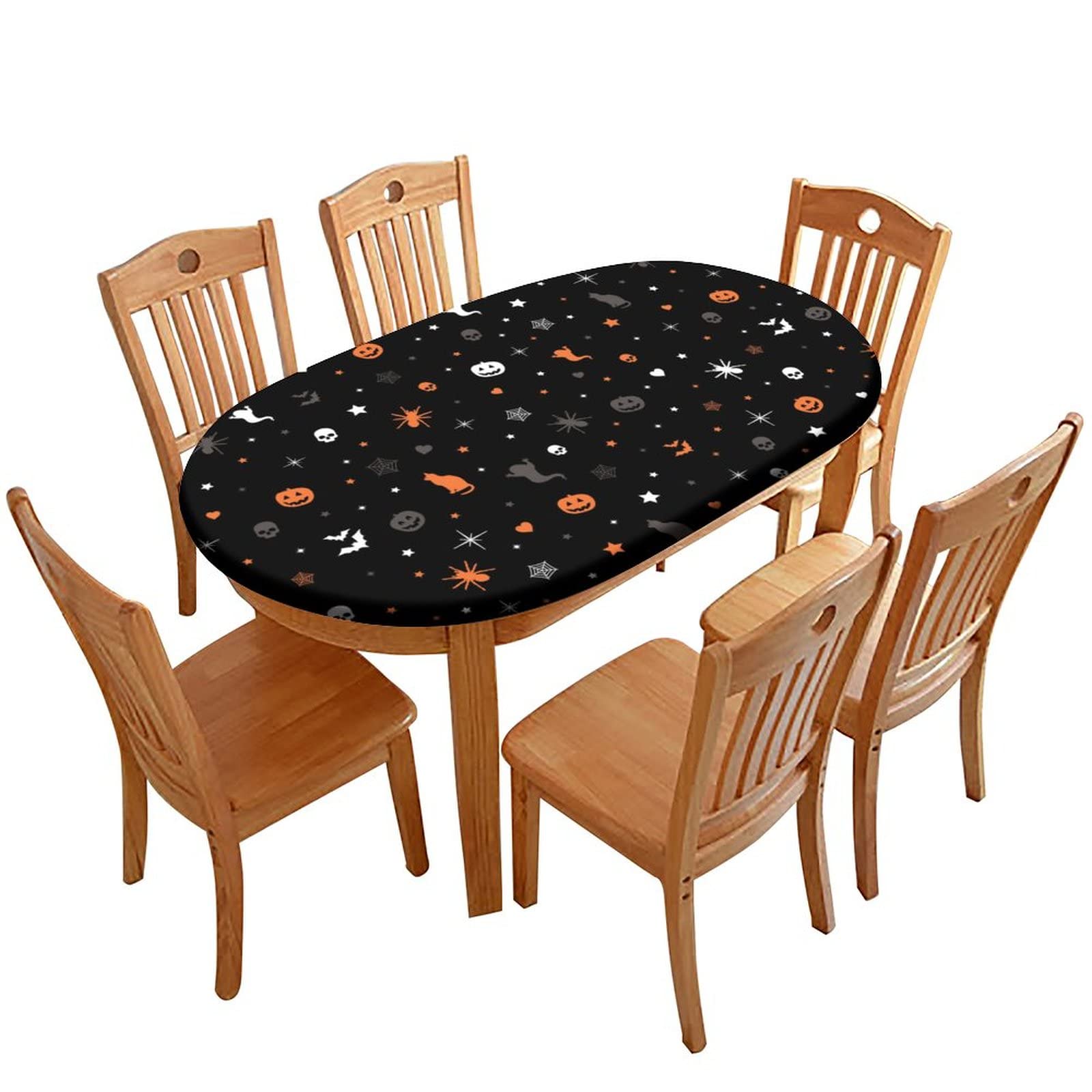 Spider Web Halloween Fitted Tablecloth Oval - Stretch Elastic Edge Polyester Table Cover for Indoor Restaurant, Outdoor Terrace & Dining Table Decor (Fits 24
