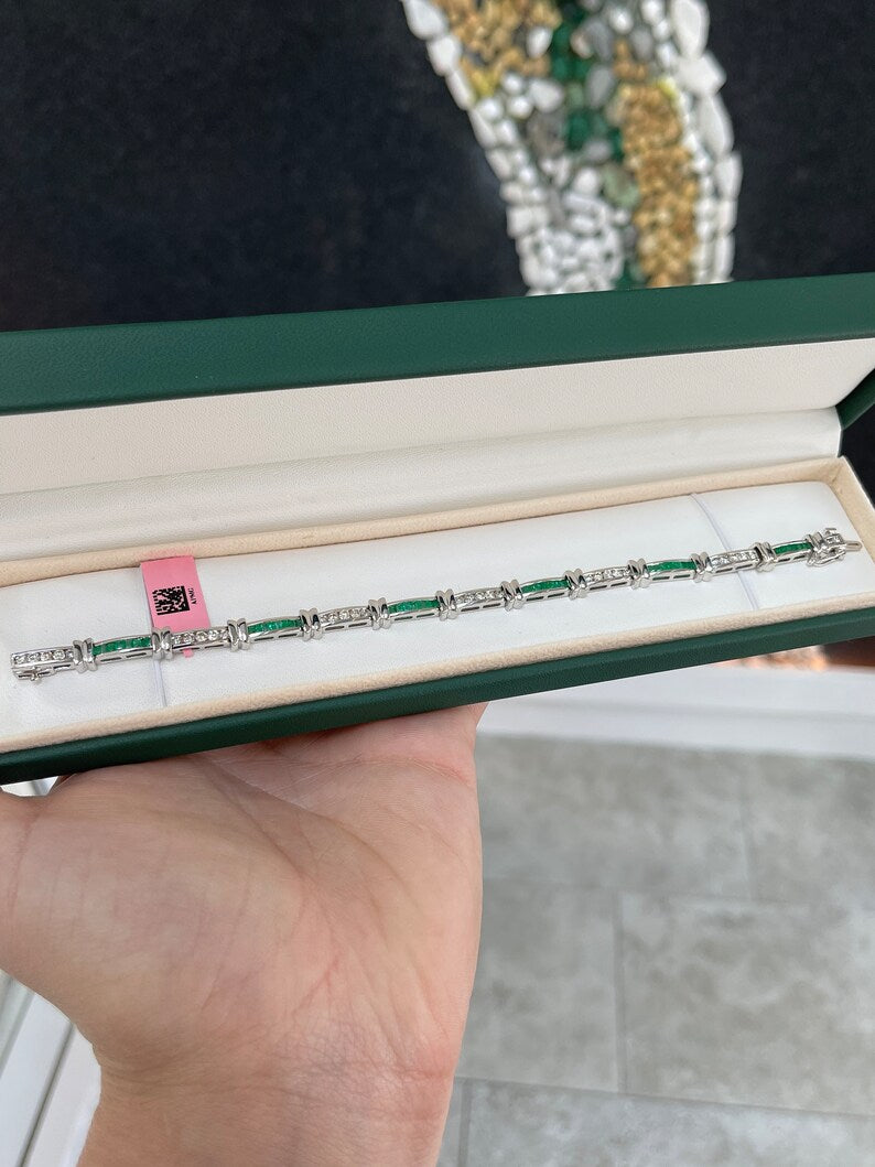 3.16tcw 14K White Gold Medium Dark Green Emerald & Round Cut Diamond Bracelet for Men & Women - Perfect for Weddings, Anniversaries, and Special Occasions