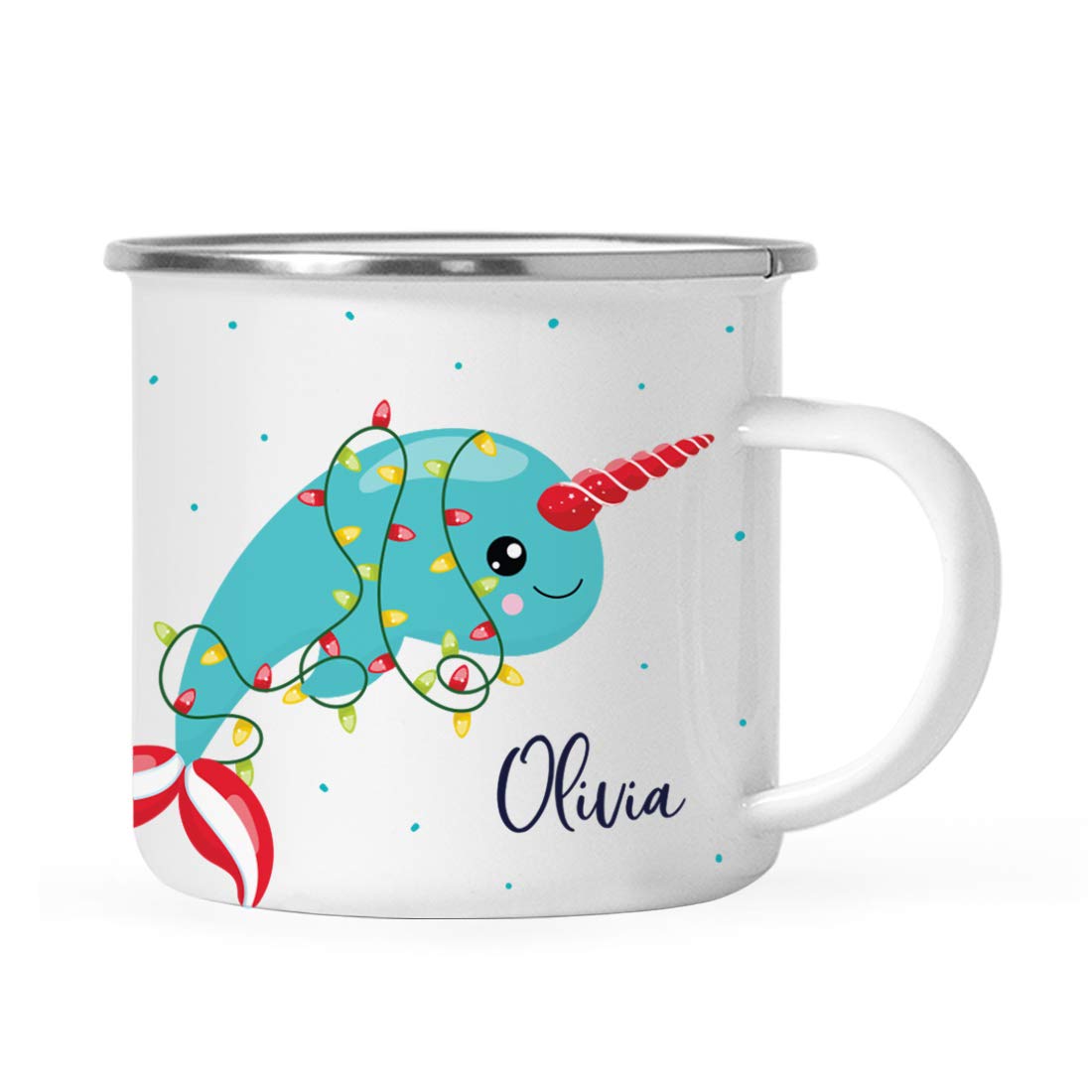**Personalized Kids Christmas Hot Chocolate Mug - 11oz Stainless Steel Campfire Coffee Cup with Narwhal Design - Custom Name for Child's Birthday & Holiday Gift - Perfect for Hot Cocoa, Camping & Festive Celebrations**