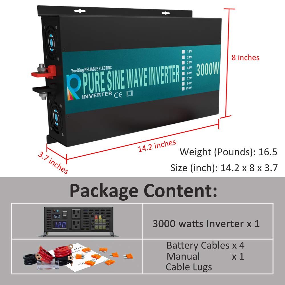 3000W 12V Pure Sine Wave Power Inverter with Remote Control - Solar Energy Converter for RV, Boat, Off-Grid & Emergency Power - 110V~120V AC Output for Home Appliances & Outdoor Use