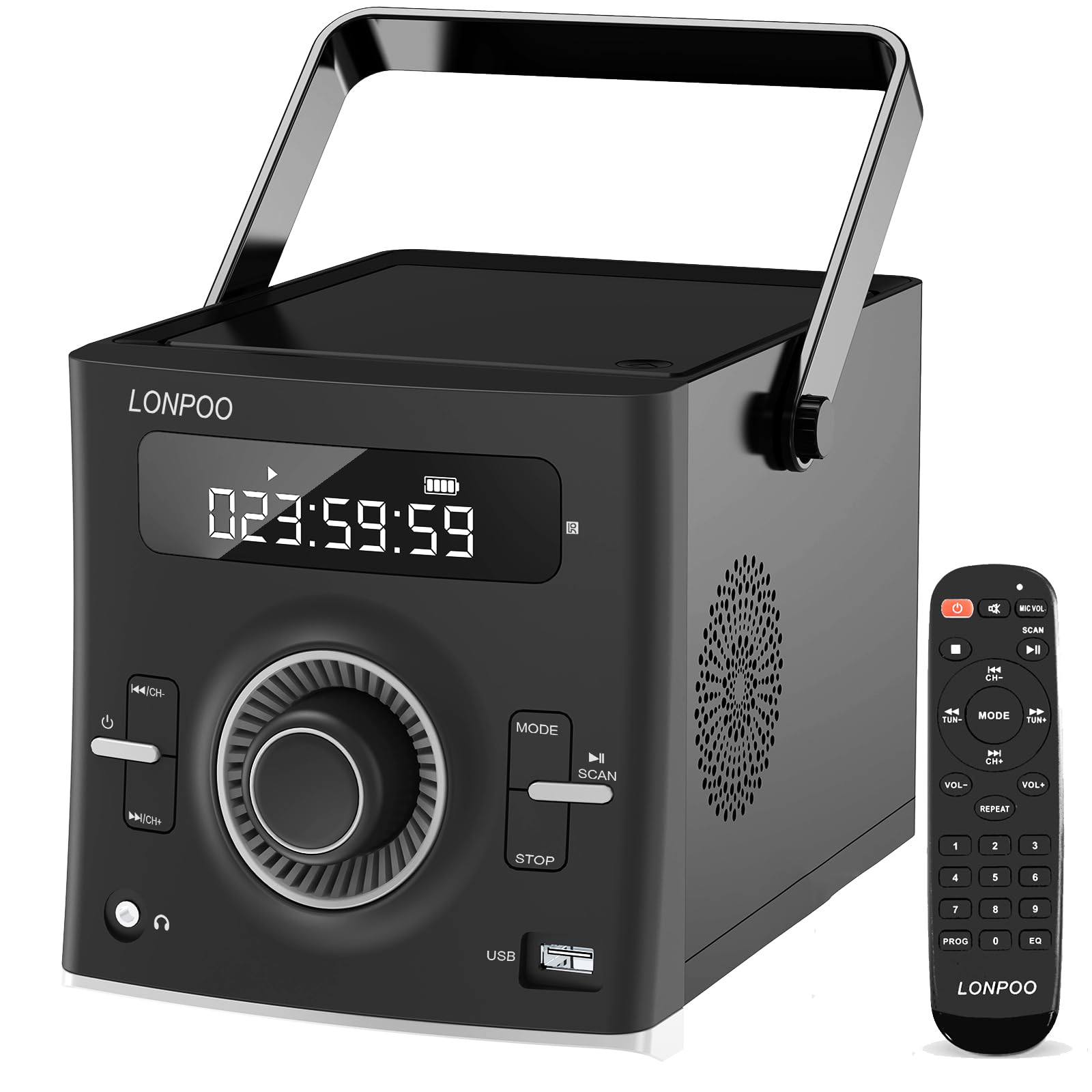 Portable CD Player Boombox with 20W Stereo Sound - Rechargeable Battery, Auto-Open Lid, Bluetooth 5.3/FM Radio/USB/AUX - Includes Microphone & Headphone Jack - Remote Control (LP-118B) - Perfect for Home, Office, and Outdoor Parties