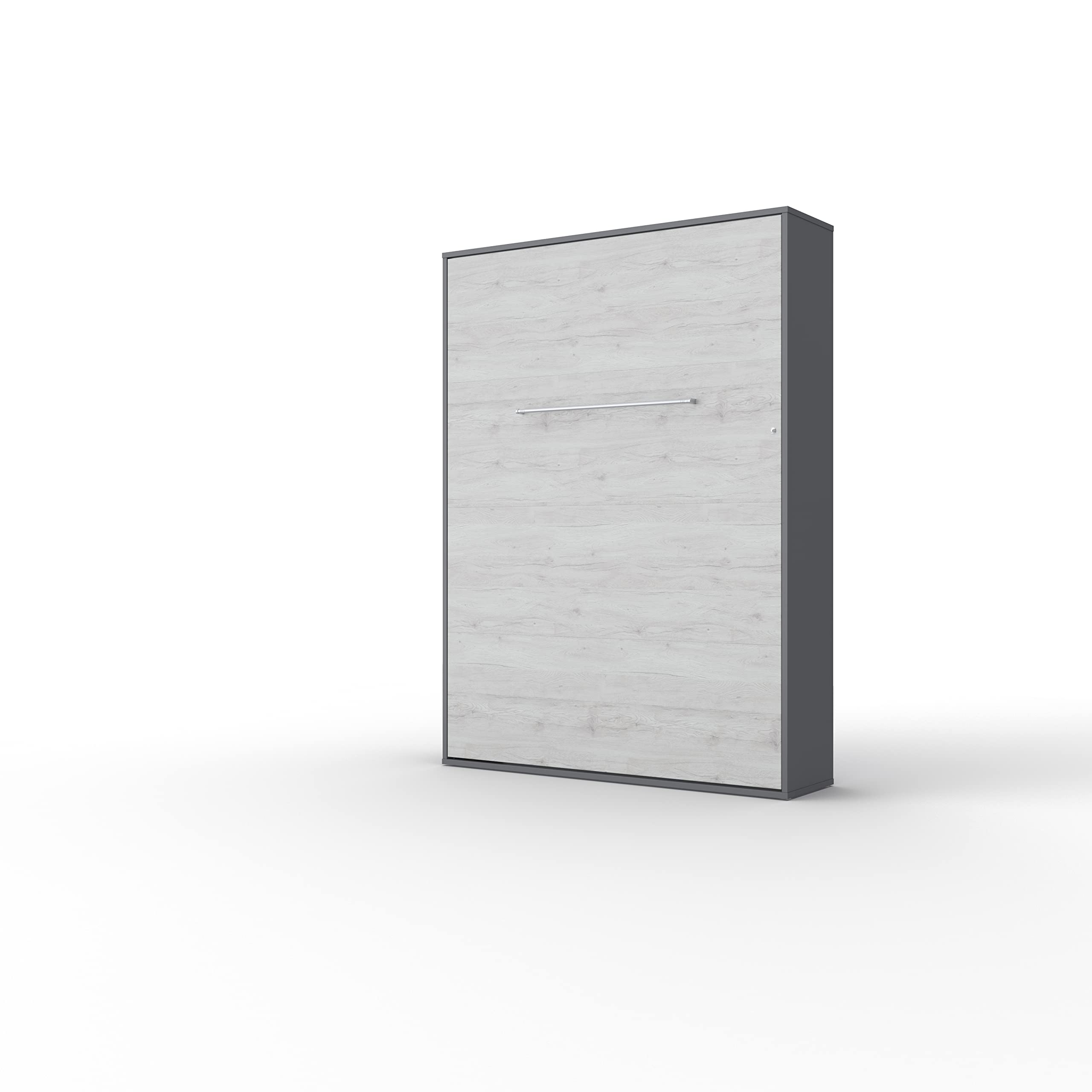 European Queen Size Vertical Wall Bed with LED Lights - Slate Grey/White Monaco Finish | Space-Saving Murphy Bed for Small Apartments, Guest Rooms & Home Offices