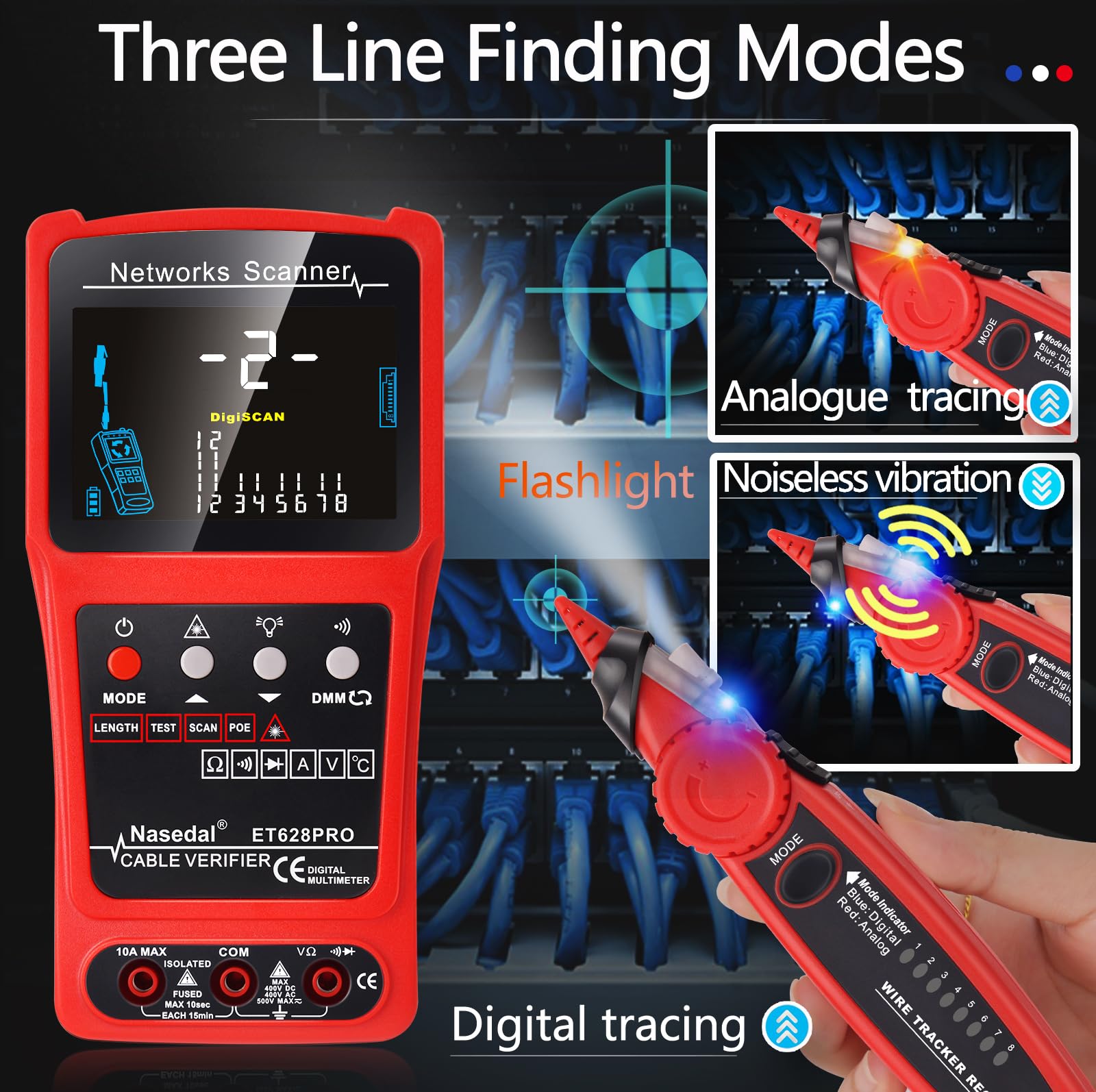 Professional 3-in-1 Network Cable Tester - Ethernet Tester, Wire Tracker & Tone Generator for RJ45/RJ11/BNC (CAT5/CAT6/CAT7/CAT8) with PoE Test, Cable Length Measurement & Port Flash - Includes 3 Remote Testers - Perfect for IT Professionals, Network Installations & Home Office Setup