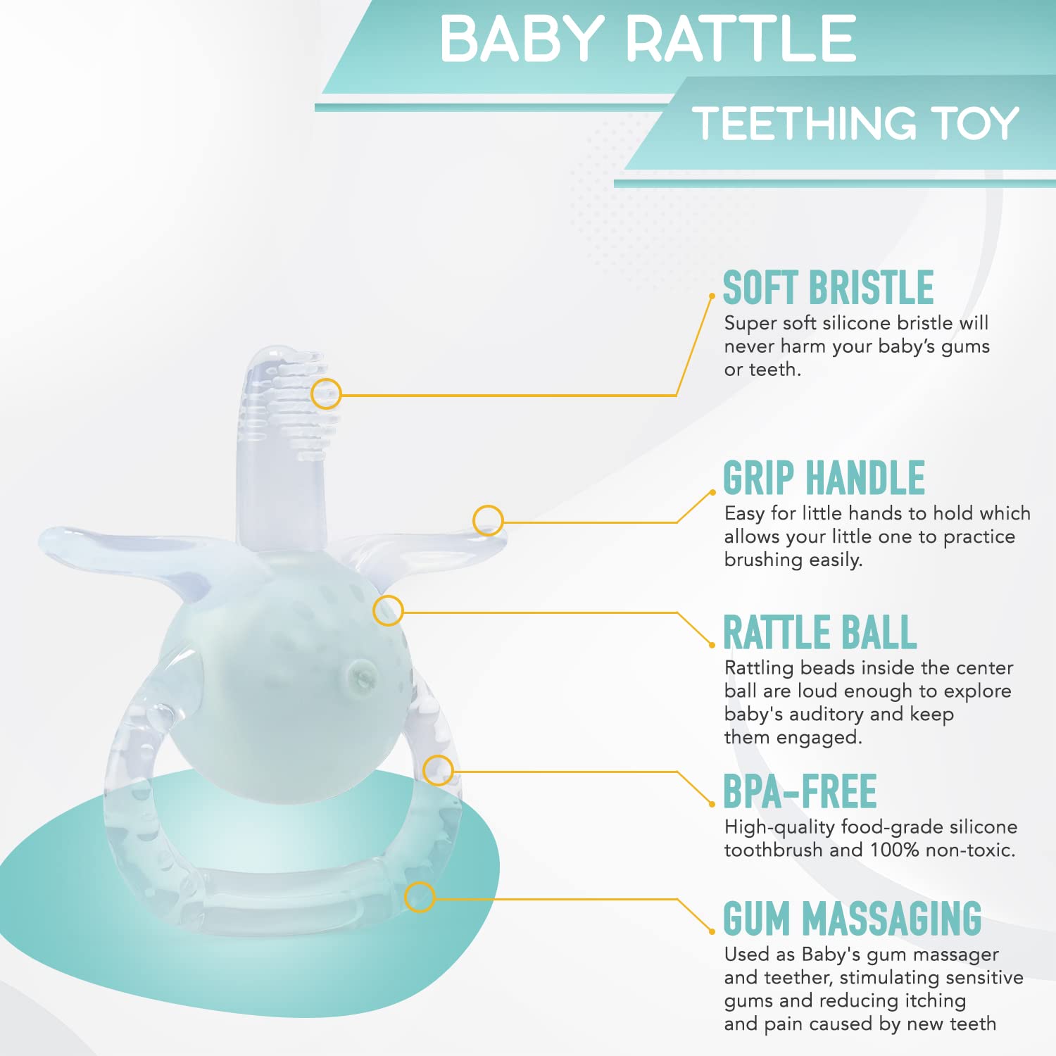 BPA-Free Baby Teething Toys for 0-6 Months - Soft Freezable Rattle Teether & Toothbrush - CPSIA Certified, Food Grade Silicone - Dishwasher & Freezer Safe - Soothe Sore Gums During Playtime & Bedtime