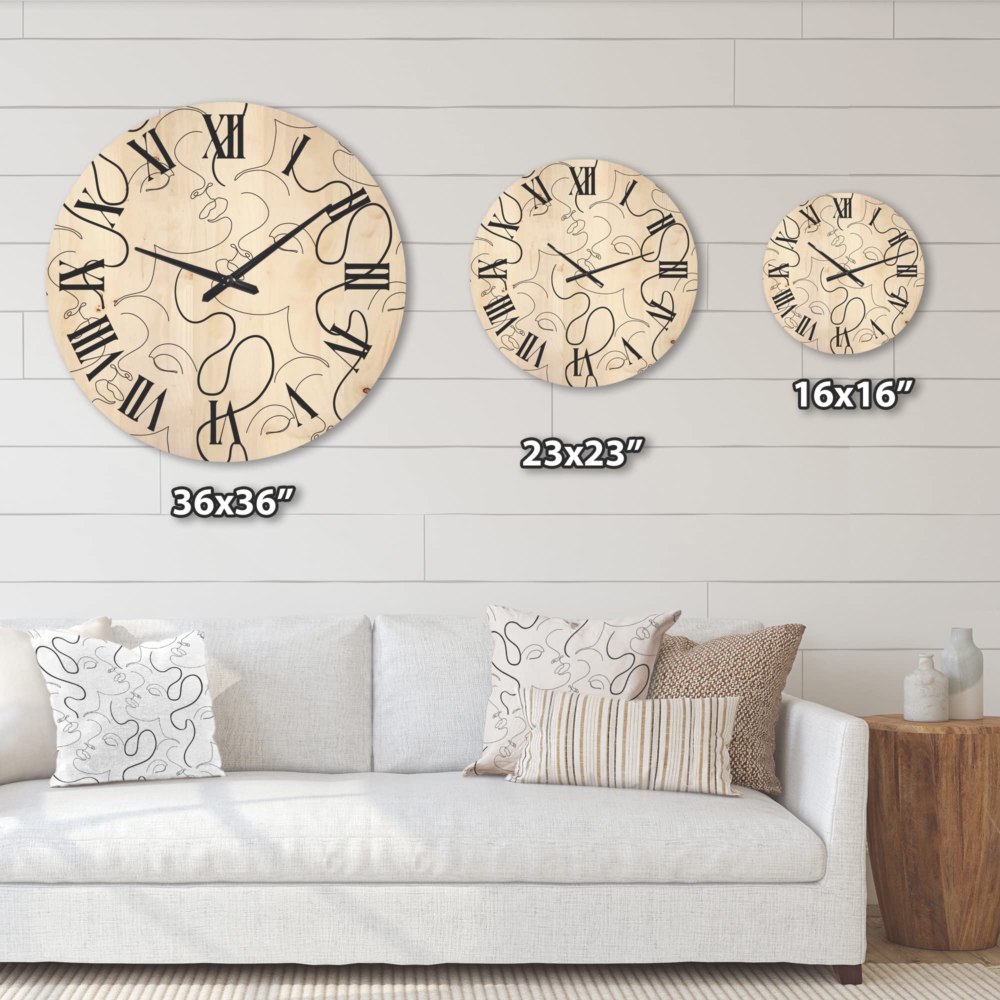 Modern Black and White One Line Drawing Portrait Wall Clock - Large Abstract Wooden Wall Art for Living Room, Bedroom & Office Décor | Unique Oversized Fractal Design Home Decor Gift