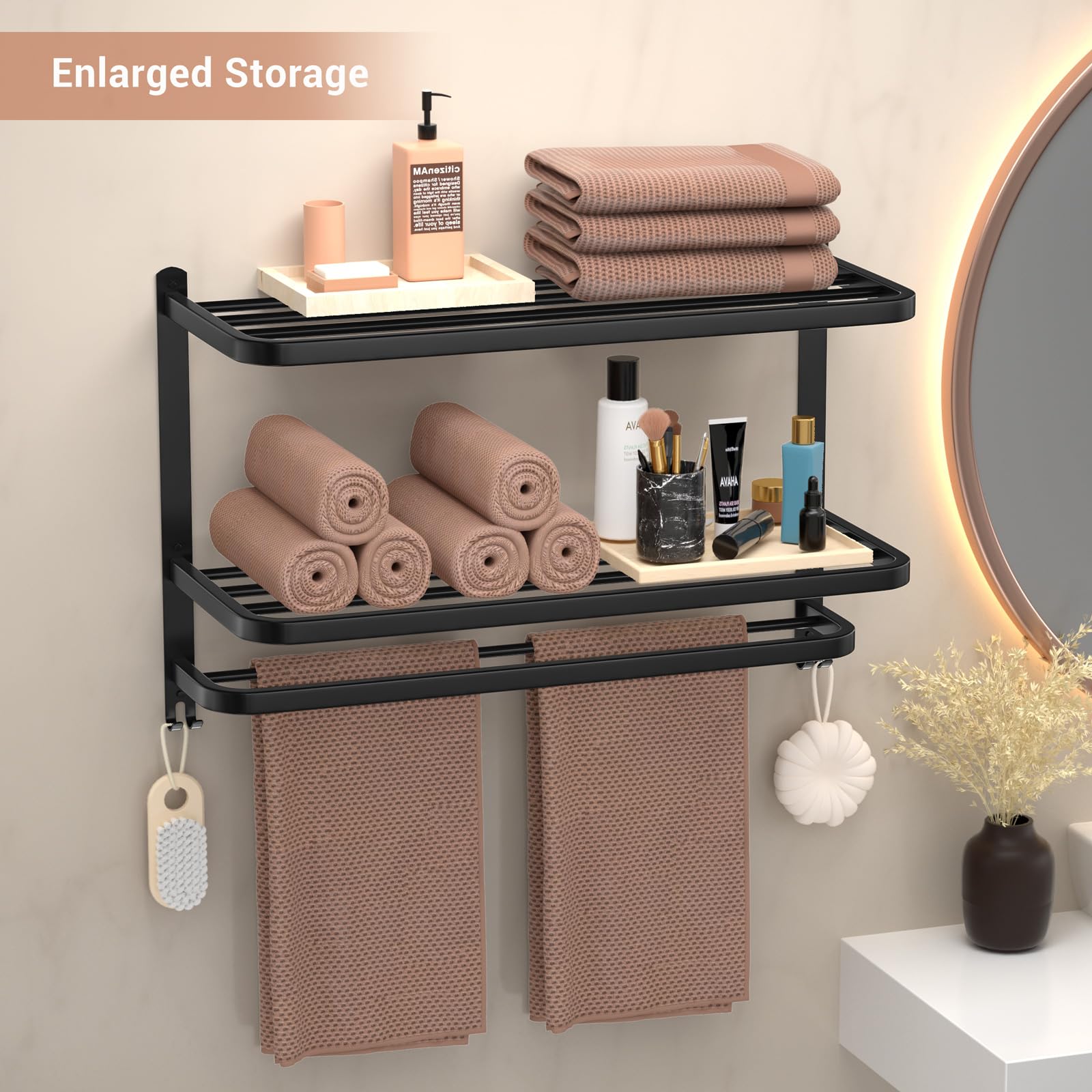 DDS-DUDES 3-Tier Black Stainless Steel Wall-Mounted Bathroom Towel Rack with Shelves - 23 Inch Multilayer Towel Holder for Hotel & Home Use - Matte Finish for Modern Bathroom & Spa Decor