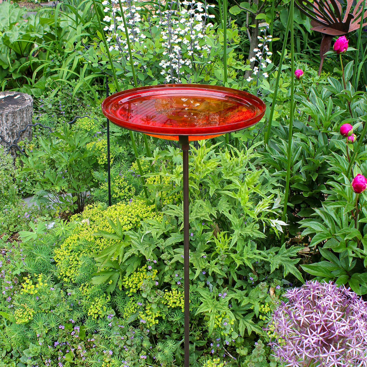 Achla Designs 14-inch Red Crackle Glass Birdbath Bowl with Stake - Perfect for Garden Decor and Attracting Birds to Your Backyard