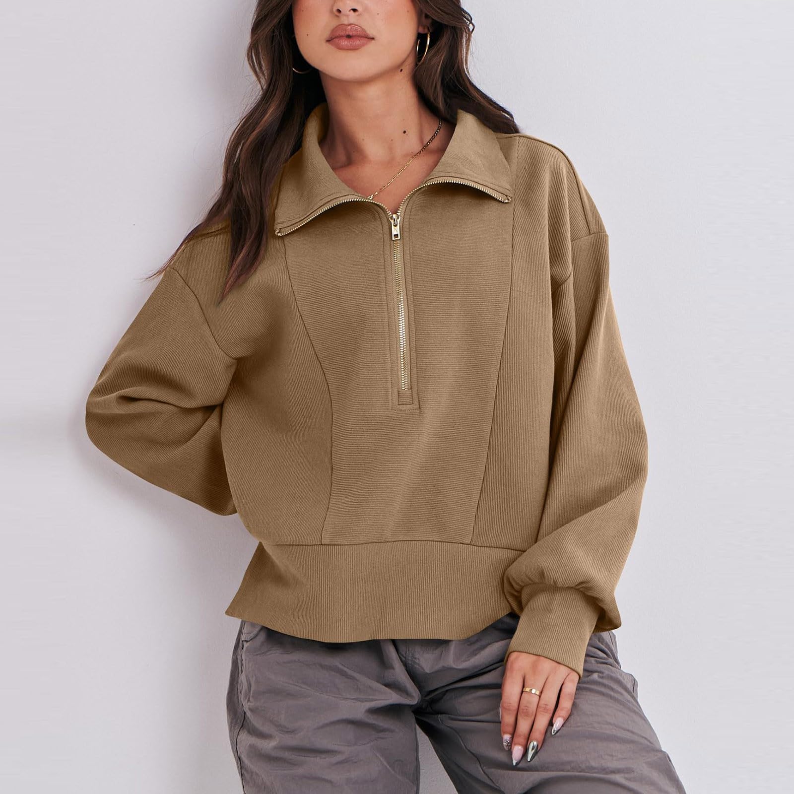 Women's Half Zip Cropped Sweatshirt - Fleece Quarter Zip Pullover with Rib Knit Detail | Y2K Fashion for Fall 2023 | Perfect for Casual Outfits, Layering & Streetwear Looks