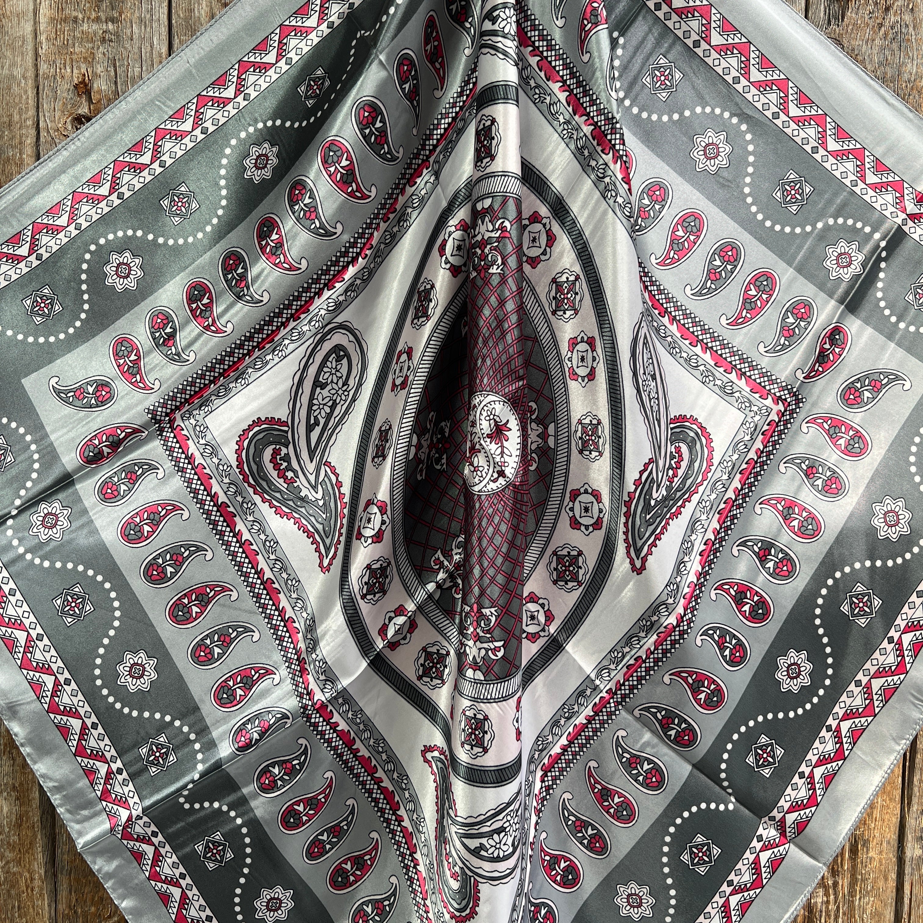 35X35 Grey/Red/Pink Paisley Wild Bandana Scarf WR3404 - Western Cowboy Style Neckwear for Horseback Riding & Outdoor Adventures