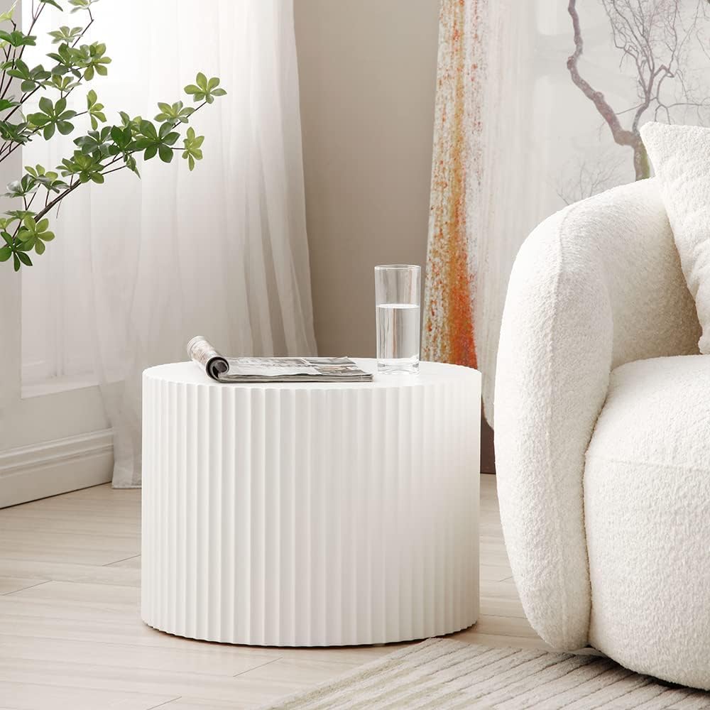 Modern White Round Nesting Coffee Table Set of 2 - Fluted Side Tables with Contemporary Circle Design for Living Room, Office - Perfect for Small Spaces, Coffee Corner & Lounge Areas