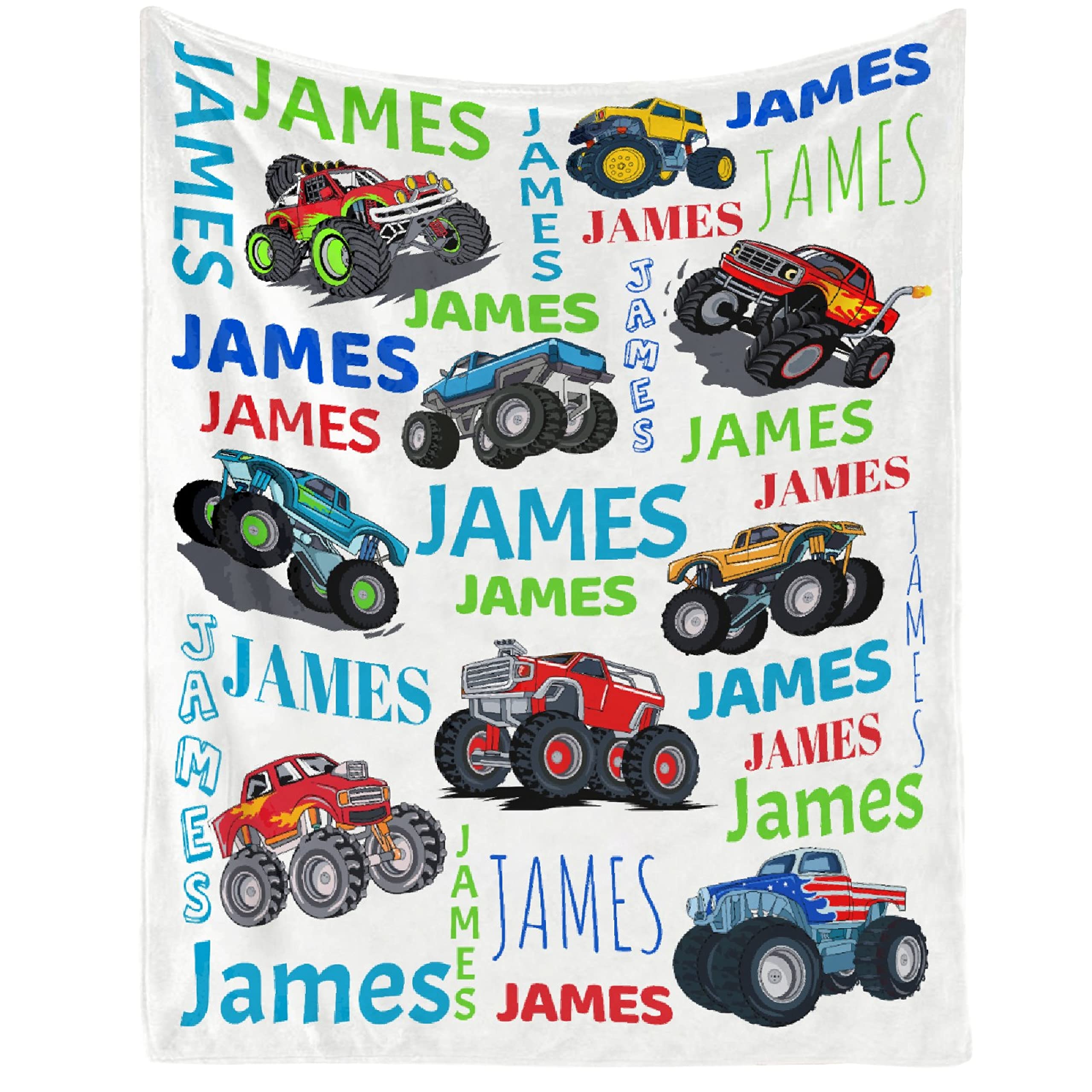 Custom Baby Boy Name Blanket - Super Soft Flannel & Fleece Nursery Throw - 90x120 Inch Personalized Monster Truck Design - Perfect for Birthday Gifts, Newborn Essentials & Cozy Nursery Decor