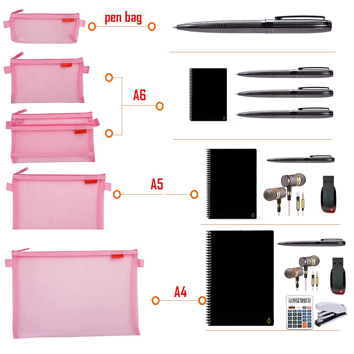 Mesh Zipper Pouch 5pcs - Lightweight Nylon Document Organizer for Travel & Office (Pink, A4/A5/A6) - Perfect for Cosmetics & Supplies Storage