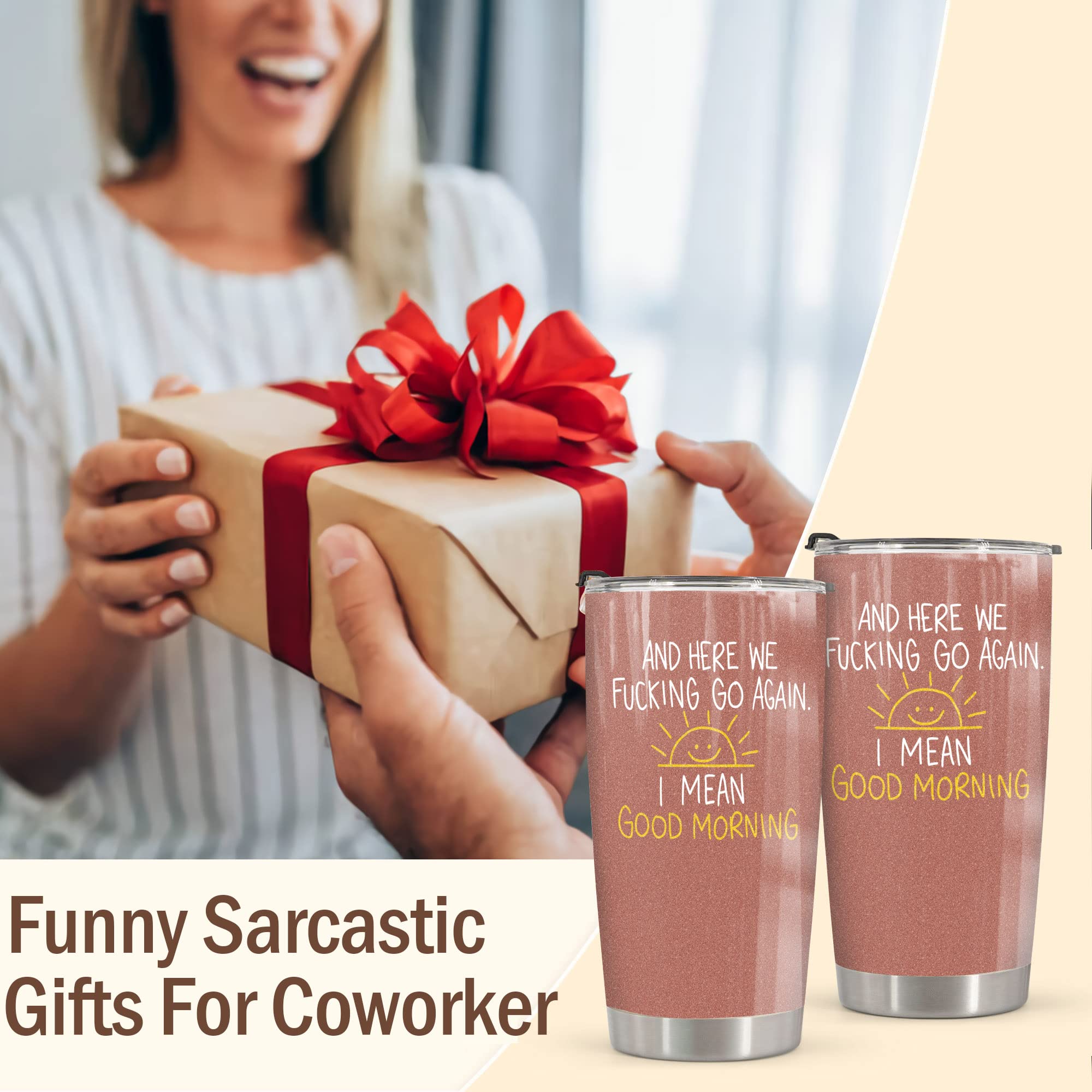 20 oz Insulated Tumbler with Lid - Funny Sarcastic 'Here We Go Again I Mean Good Morning' Coffee Mug - Perfect Gift for Women, Mom, Friends & Coworkers - Great for Office, Travel & Daily Coffee Routine