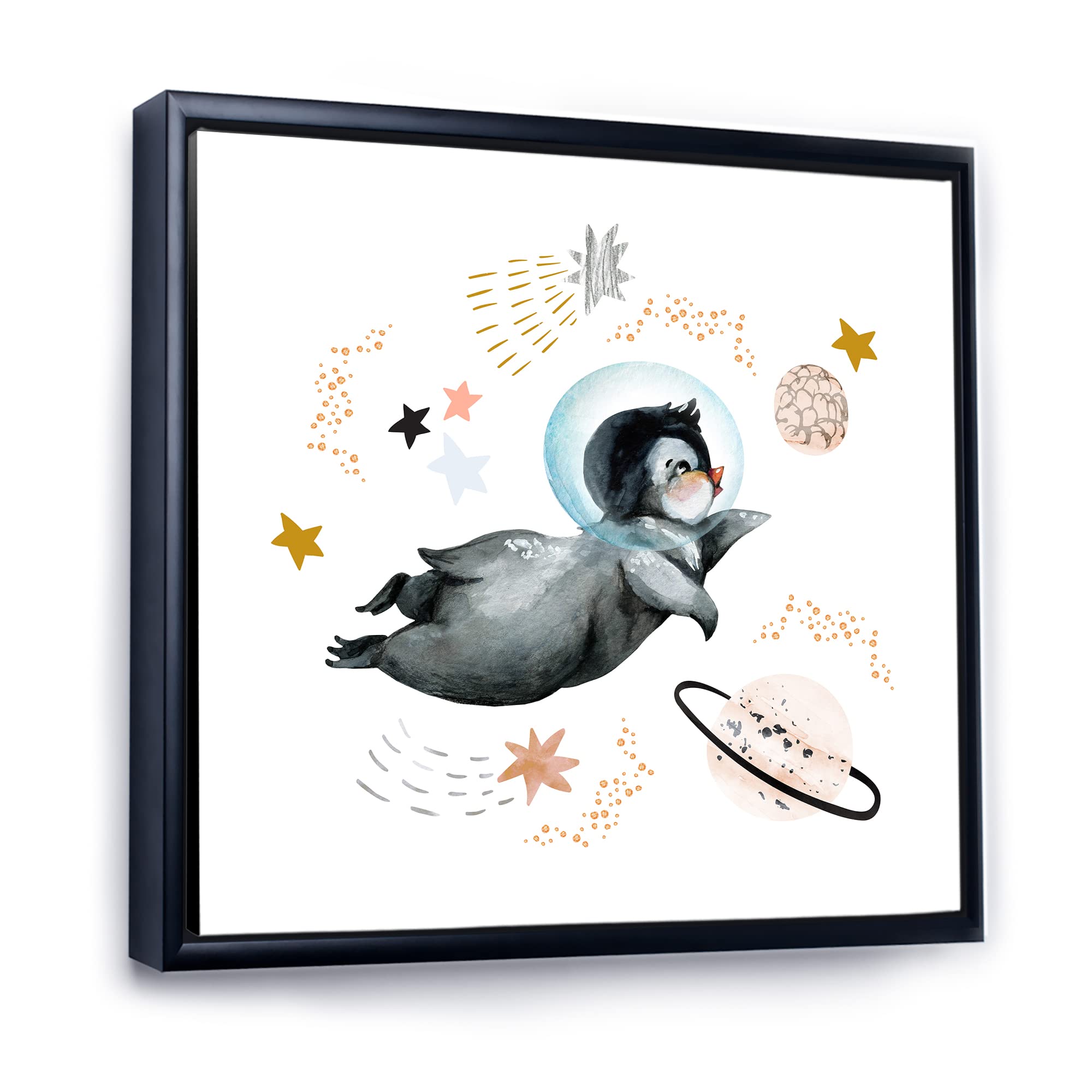 DesignQ Little Penguin Flying Stars and Planets II - Farmhouse Framed Canvas Wall Art Print - Nursery Decor, Kids Room Wall Art, Living Room Decoration