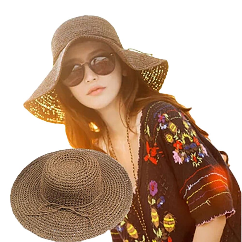 JIHUOO Women's Floppy Summer Sun Hat - Wide Brim Packable & Foldable Straw Visor for Outdoor Activities - Beach, Garden, Travel (Brown)