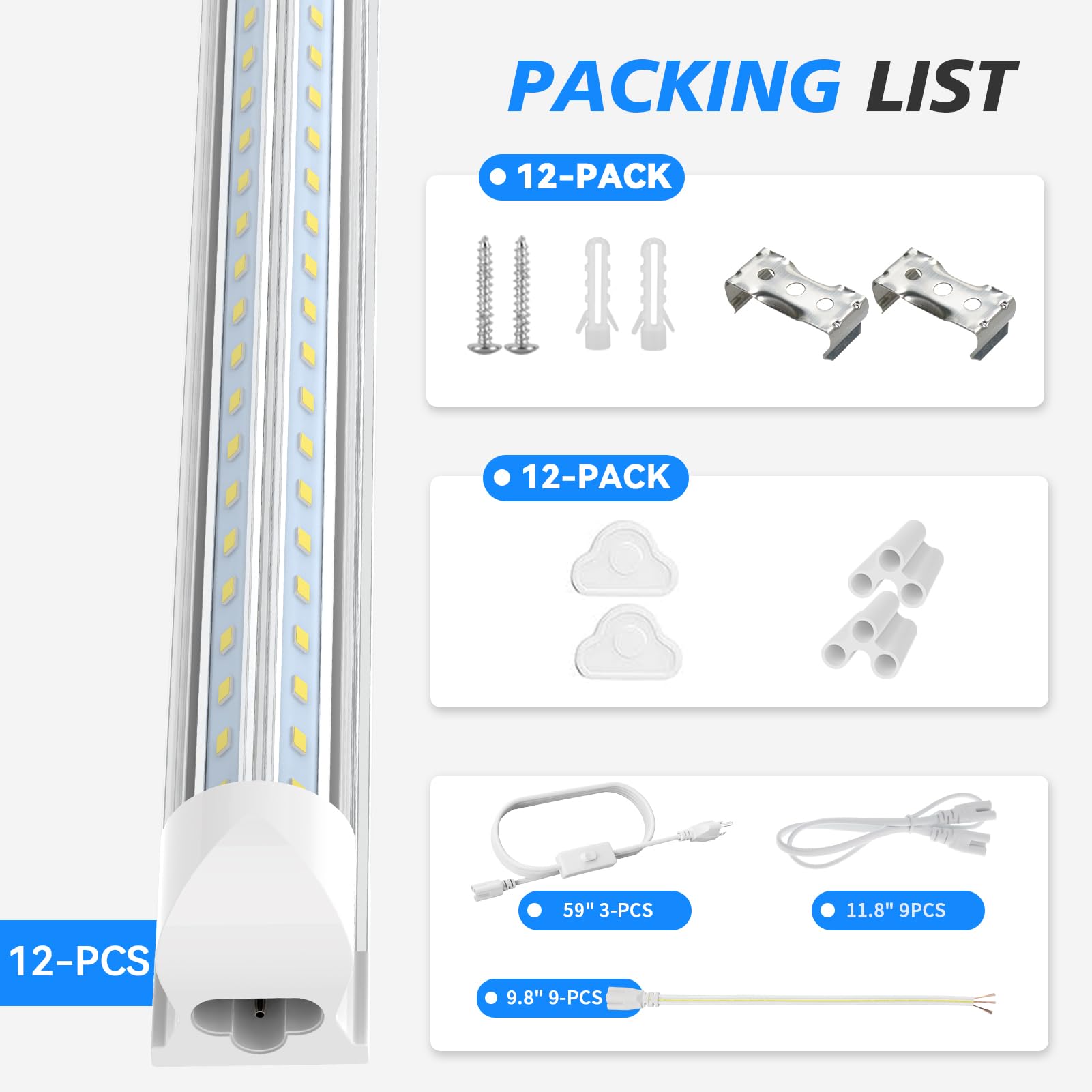 SHOPLED 8FT 100W 15000LM 6000K LED Shop Light - 12-Pack Linkable V-Shape Commercial Lighting Fixtures | Ultra Bright Energy Saving T8 Tube Lights for Garage, Warehouse, Basement, Workshop & Retail Stores | Easy Plug & Play Installation