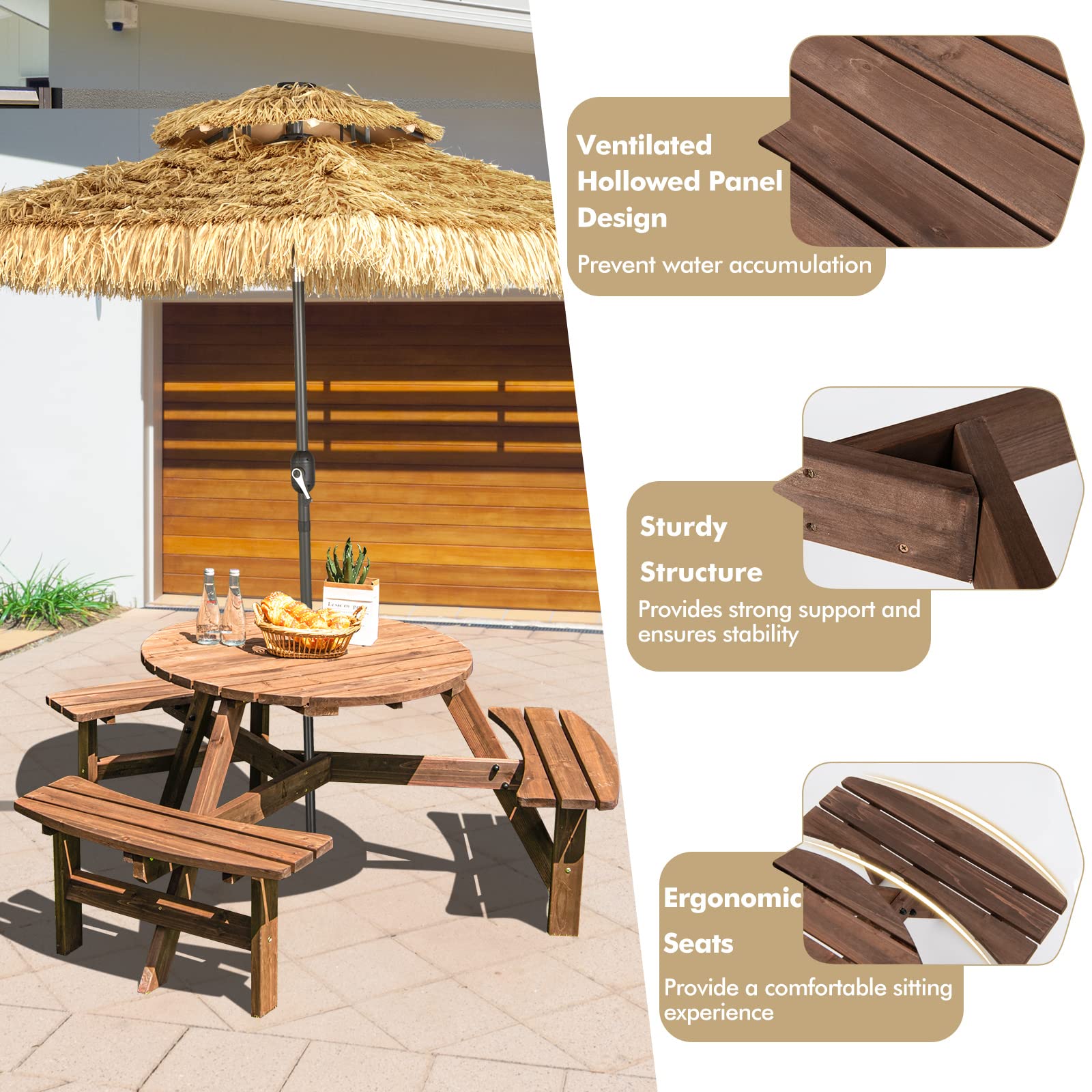 Tangkula 6-Person Outdoor Wooden Picnic Table Set with 3 Built-in Benches & Umbrella Hole - 500lbs Capacity per Bench - Perfect for Garden, Backyard, Patio, Park, and Camping