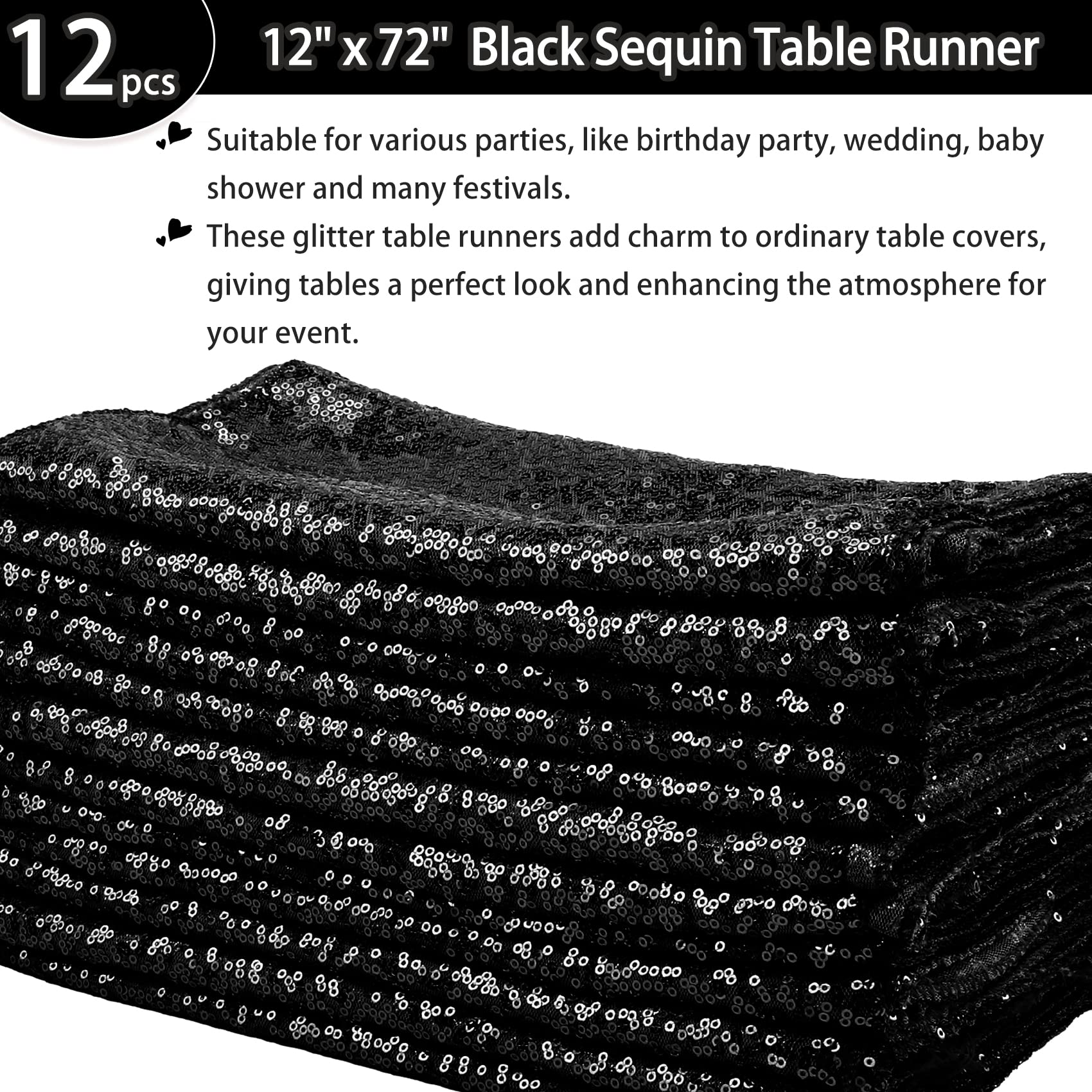 12 Pack Sequin Table Runners - Glitter Dining Table Decor for Birthday, Wedding, Engagement, Bridal Shower, Baby Shower, Bachelorette & Holiday Parties (12