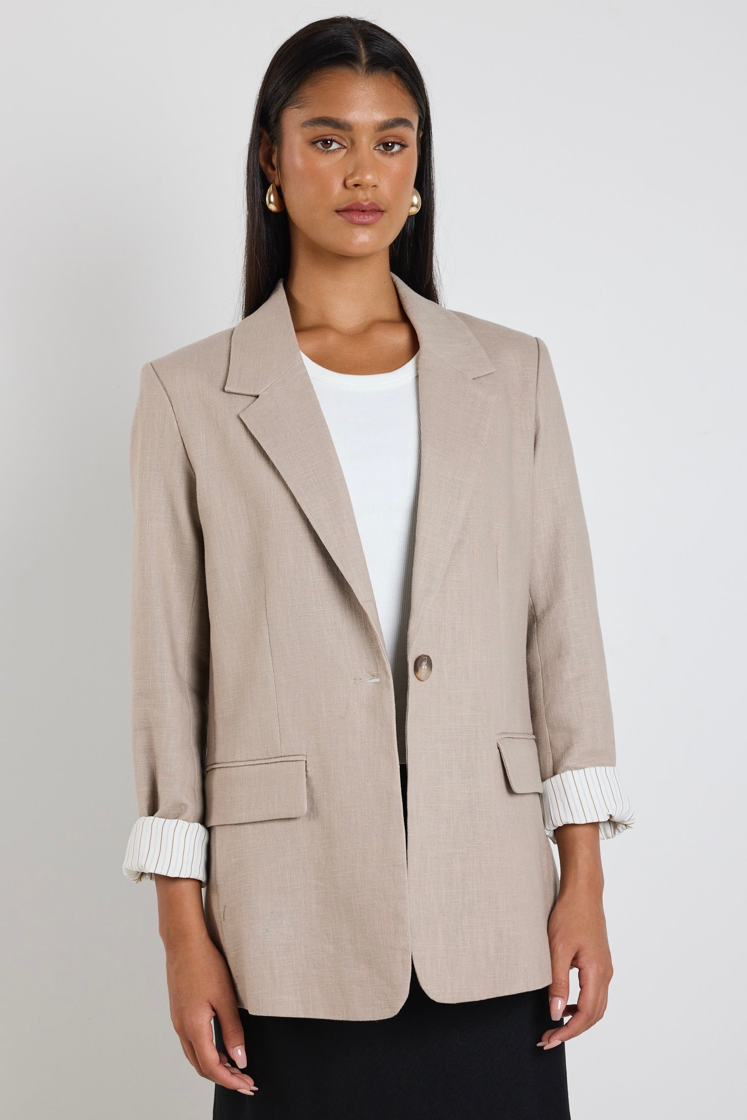 Taupe Ramie Rolled Sleeve Blazer Jacket for Women - Lightweight Summer Office Wear & Casual Outfits