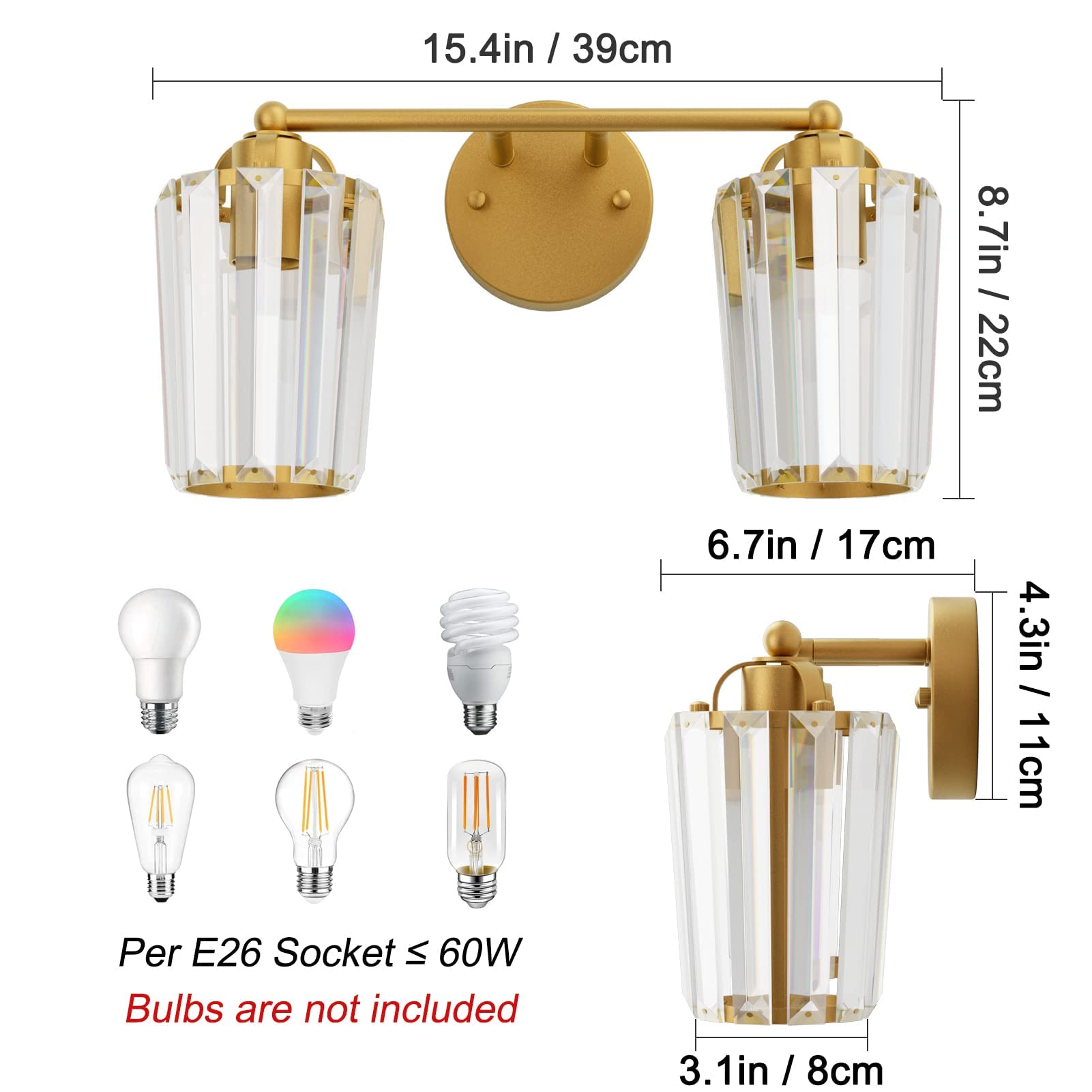 Aipsun Gold Modern Bathroom Vanity Light - 2-Light Crystal Vanity Lighting Fixture for Bathroom Mirror (Bulbs Not Included) | Perfect for Master Bath, Powder Room & Spa-Style Decor