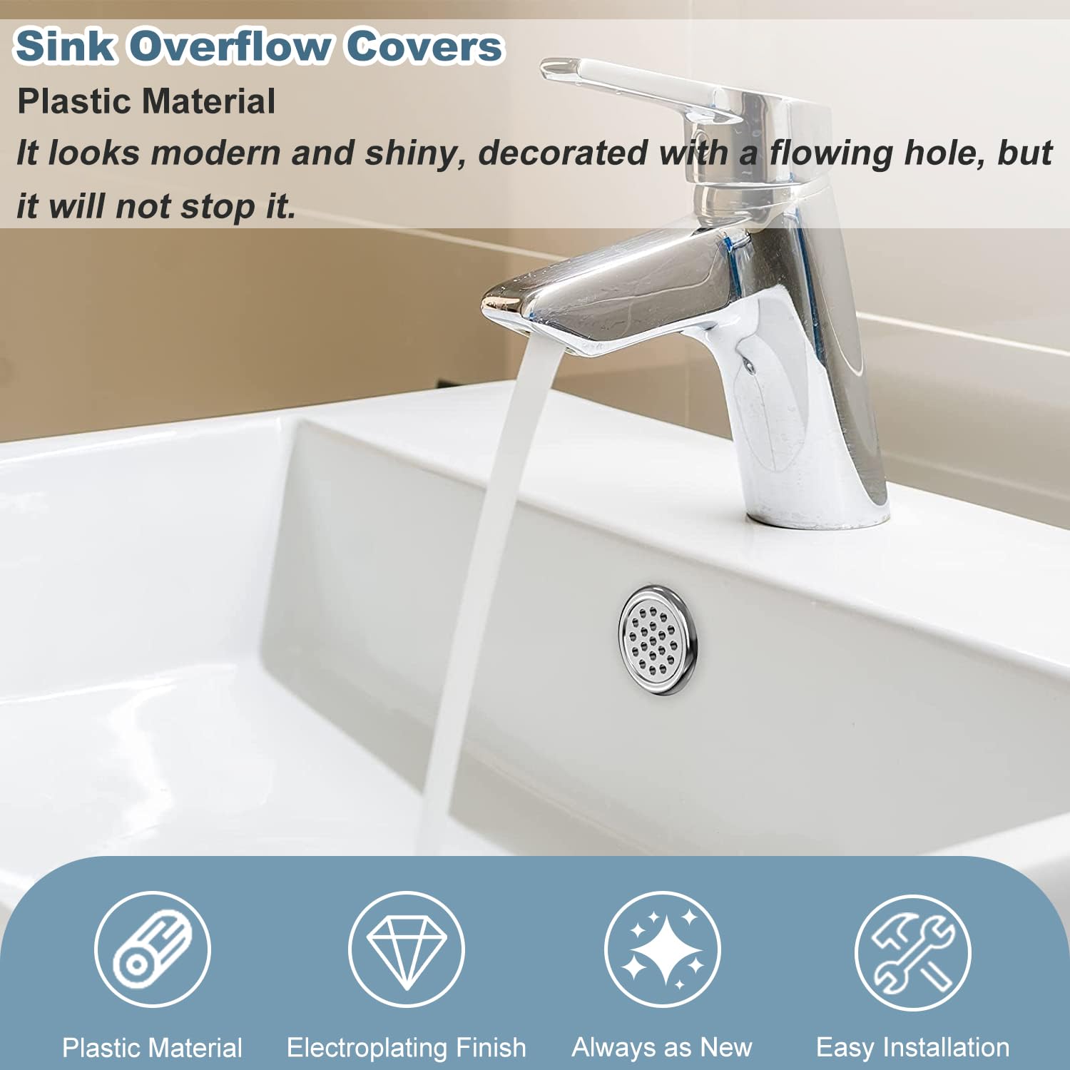 Yinpecly Plastic Sink Overflow Cover - Hollow Basin Trim, Round Hole Caps Insert (6pcs, Silver Tone) for Kitchen & Bathroom - Perfect for Home, Shopping Malls & Commercial Use