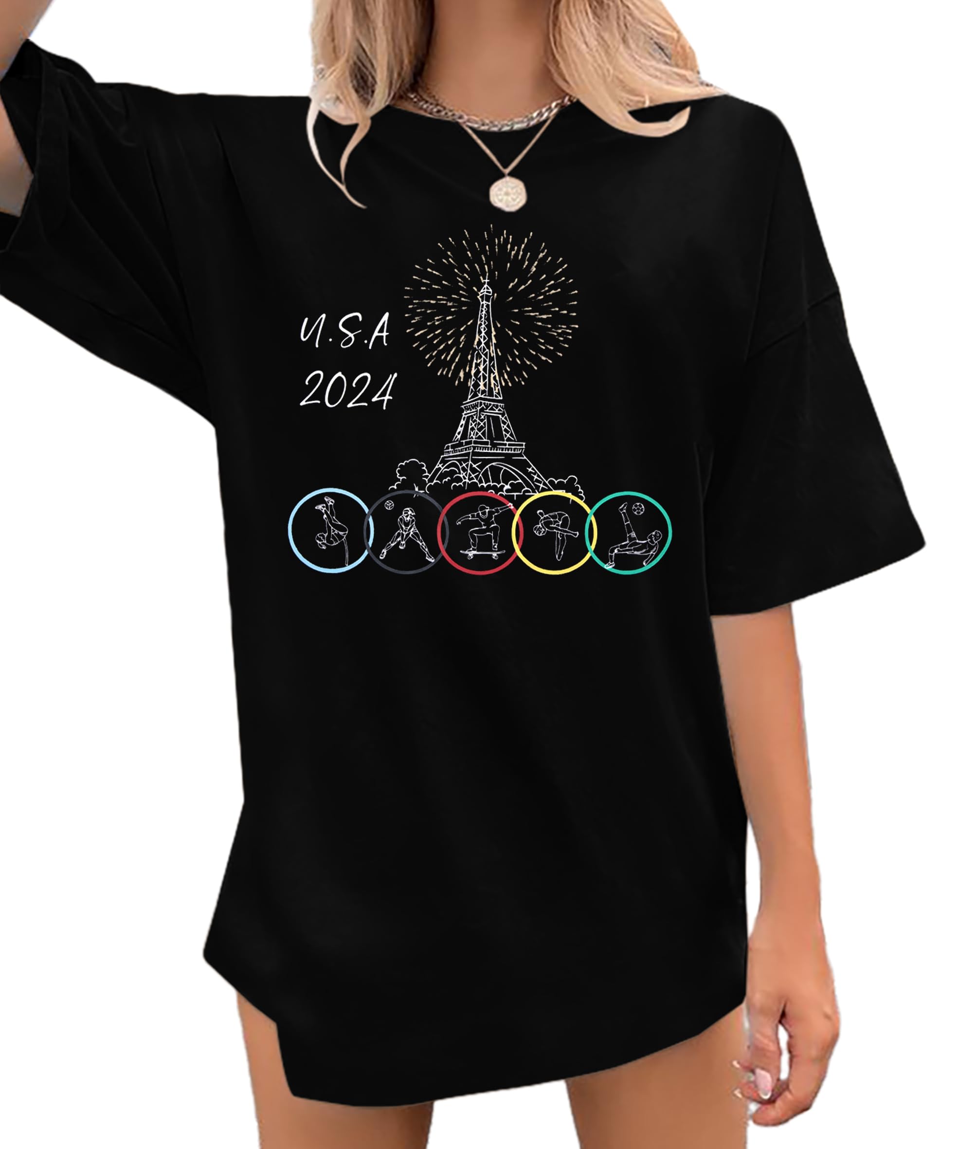 KIMSOONG 2024 Olympics Graphic T-Shirt for Women - Oversized USA Olympics Shirt with Jo 2024 Design | Perfect for Game Day, Fan Events & Casual Wear