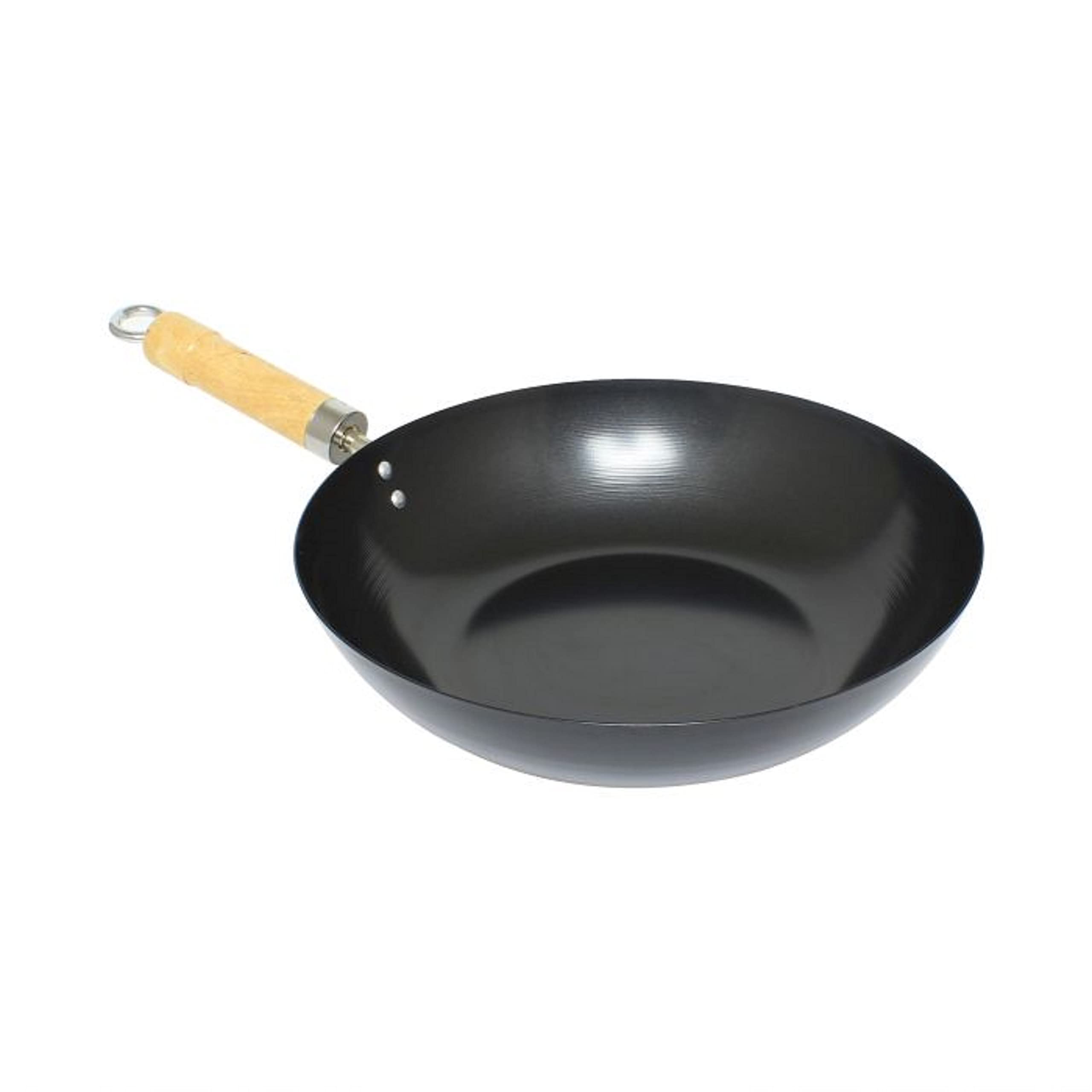 TrueCraftware 12-Inch Non-Stick Carbon Steel Wok Pan with Wooden Handle - Flat Bottom Stir Fry Pan for Asian Cooking - Perfect for Stir-Frying, Deep Frying, Steaming & Grilling - Ideal for Home Chefs & Restaurant Use