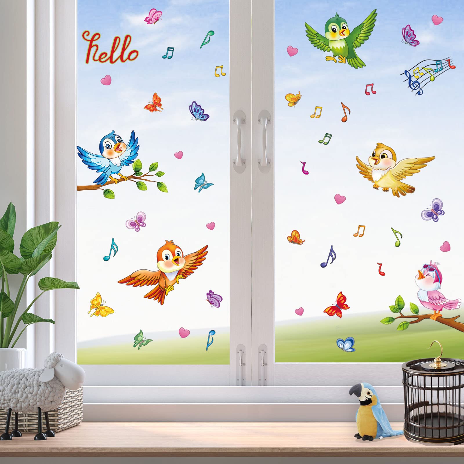Colorful Singing Birds & Butterfly Window Decals - Anti-Collision Double Sided Stickers for Spring Home Decor - Removable Cling Stickers for Windows, Doors & Glass Surfaces - Perfect for Living Room, Nursery & Office Decorations