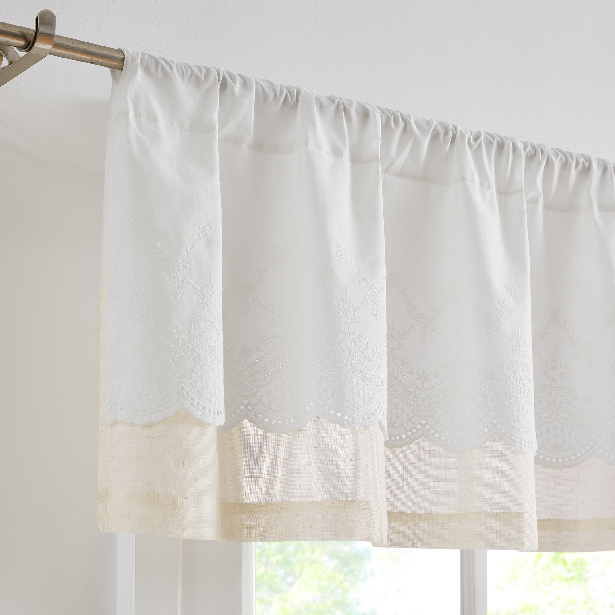 Brigitte Embroidery Eyelet Scalloped Edge Valance - Elegant Window Curtain Top for Living Room, Bedroom & Kitchen Decor