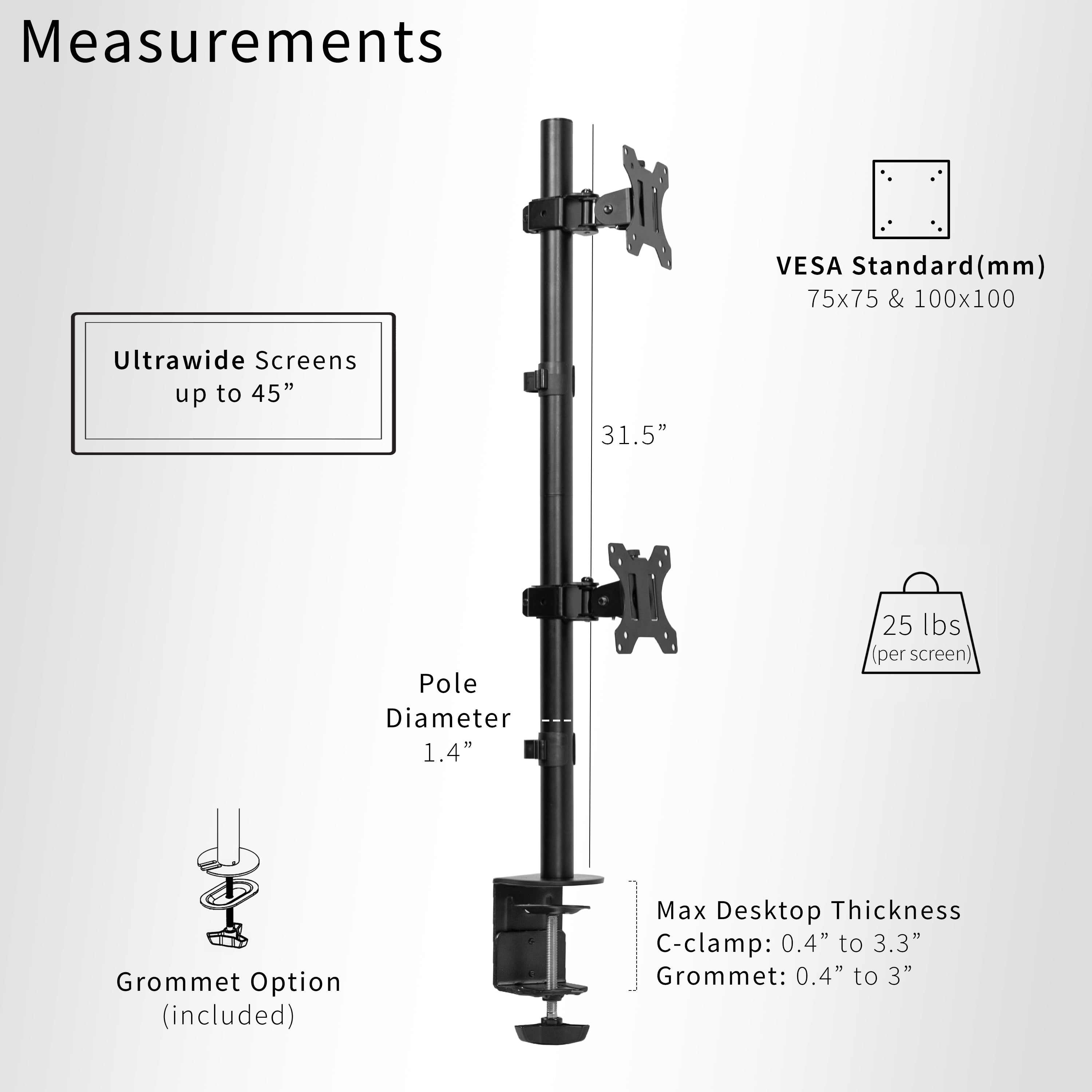 Dual Ultrawide Vertical Monitor Desk Mount Stand - Holds 2 Screens up to 45 Inches - Perfect for Gaming, Coding & Office Work
