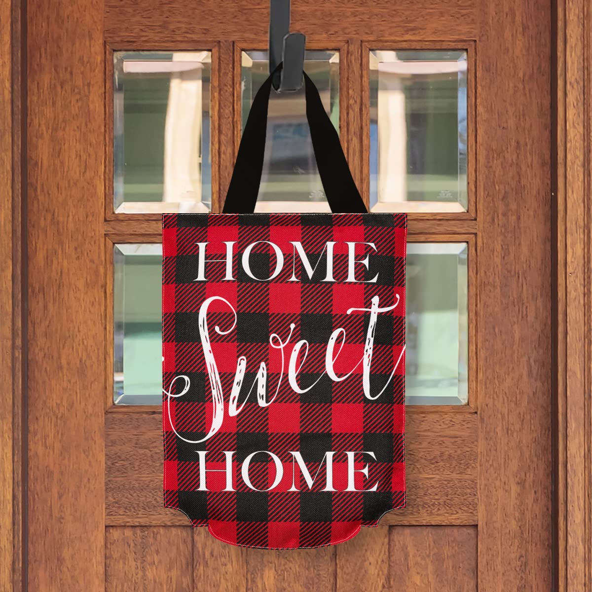 Red Checkered 'Home Sweet Home' Embroidered Burlap Door Hanger - 13x20 Inch Rustic Farmhouse Decor for Front Door, Christmas, Thanksgiving & Seasonal Home Decorations