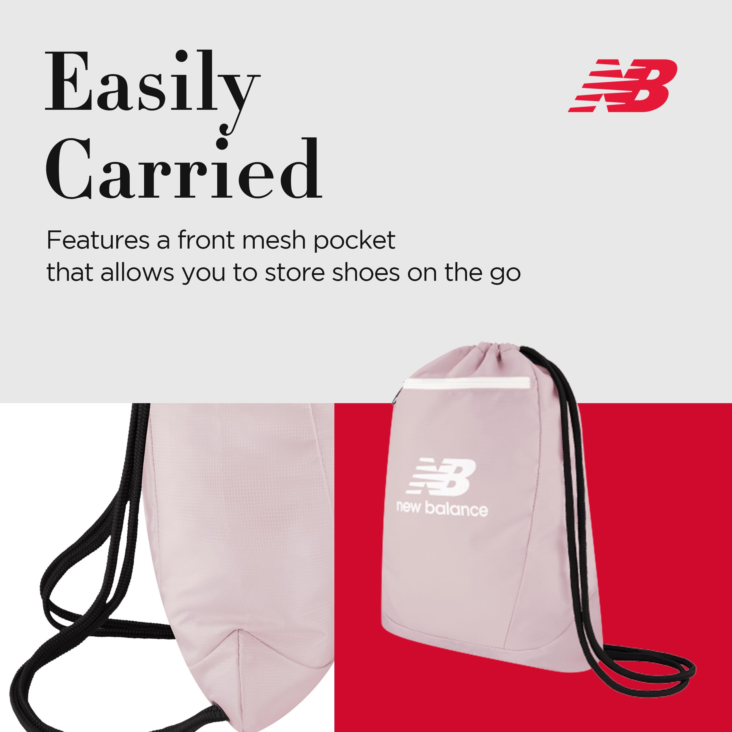 New Balance Small Drawstring Backpack - 17.5 Inch Lightweight Gym Bag with Front Zip Pocket for Men & Women | Perfect for Sports, Travel & School - Blush Pink
