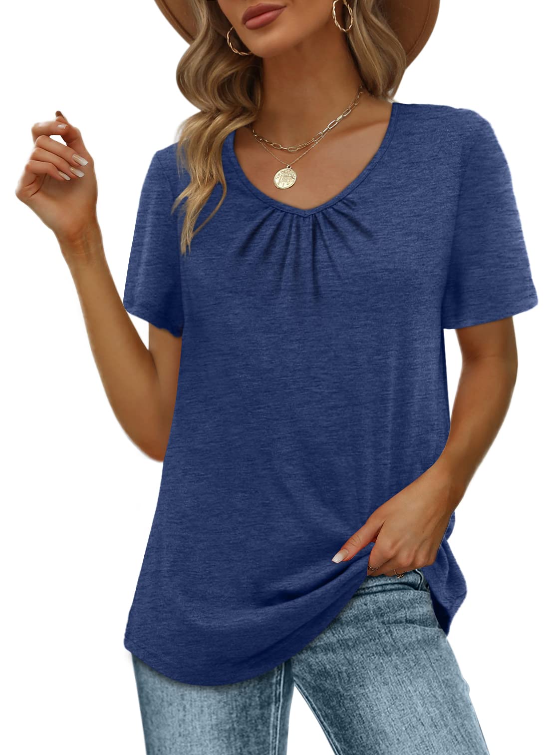 WIHOLL Women's Shirred V-Neck T-Shirt - Soft Short Sleeve Casual Summer Top for Everyday Wear, Outfits & Beach Vacation