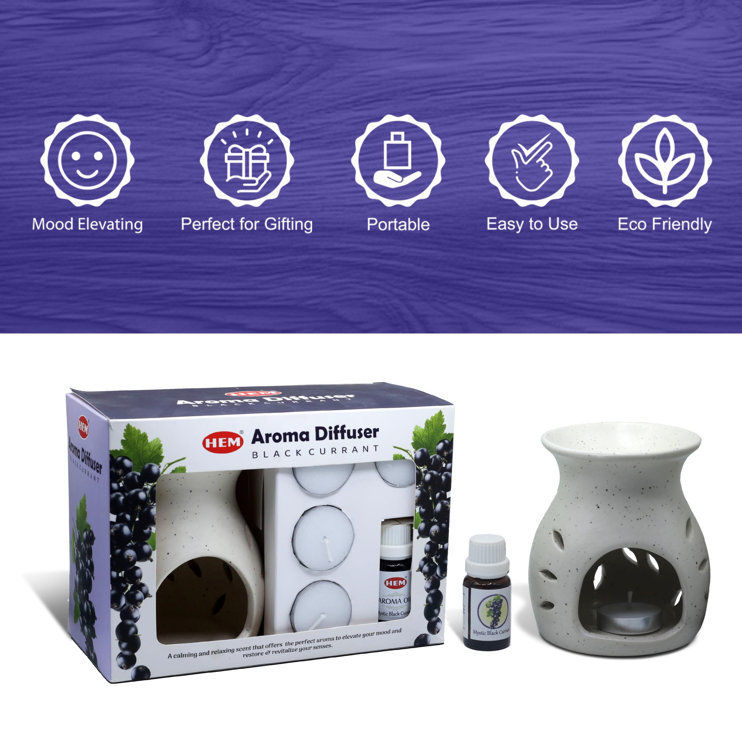 Premium HEM Ceramic Oil Burner Gift Set with Black Currant Essential Oil (10ml) & 4 Tealight Candles - Aromatherapy Diffuser for Home Fragrance, Spa Relaxation, Meditation & Gifts - Perfect for Bedroom, Bathroom, Yoga Studio & Office Spaces