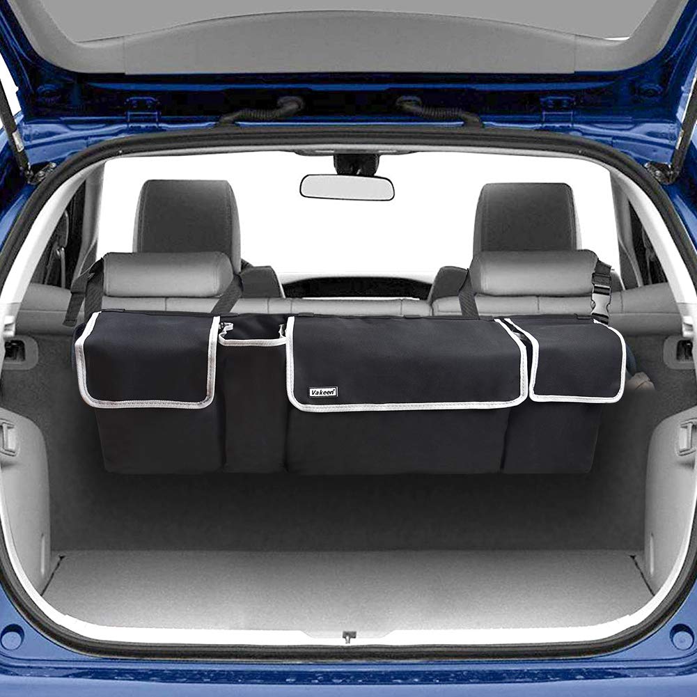 Foldable Hanging Car Trunk Organizer with 4 Pockets & Adjustable Strap - Durable SUV Cargo Storage Bag for Most Vehicles - Perfect for Road Trips, Grocery Shopping & Family Travel Accessories