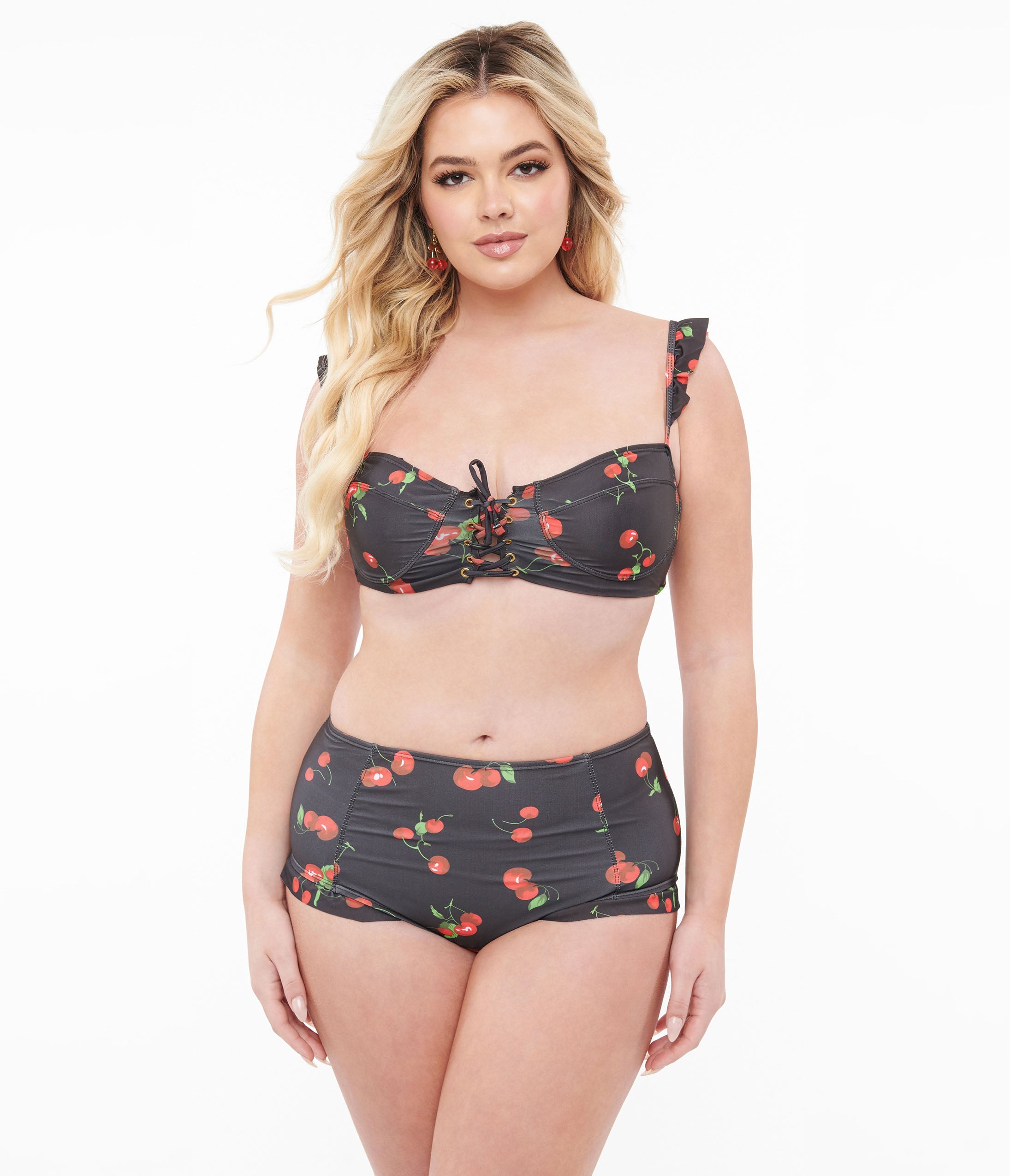 Black & Cherry Print Two Piece Swim Set - Stylish Bikini for Women, Summer Beach Vacation, Pool Party, and Tropical Getaways