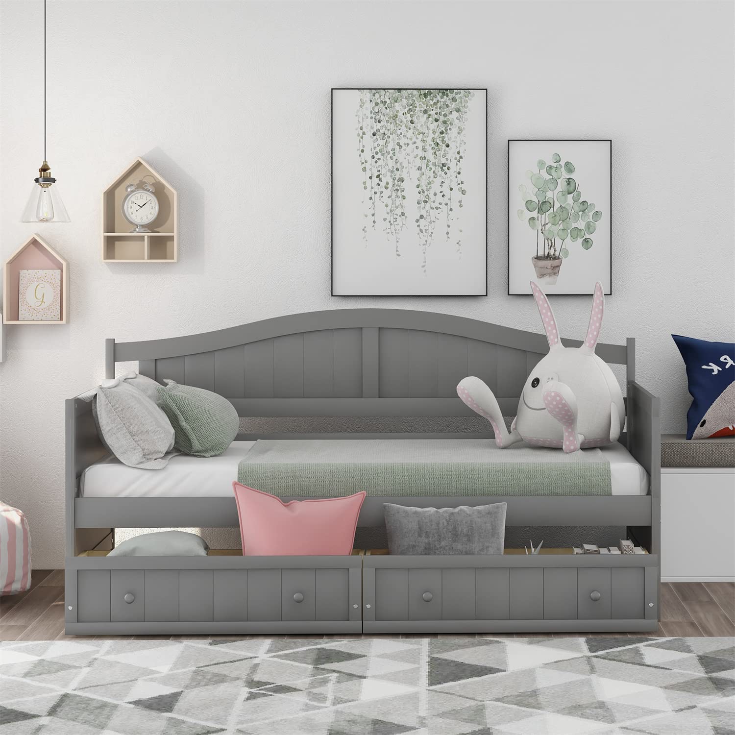 Triple Tree Wooden Twin Daybed Frame with 2 Drawers - Sturdy Twin Size Sofa Bed for Kids, Teens & Adults - 10 Wood Slat Support Platform - No Box Spring Needed - Gray - Perfect for Bedroom, Living Room & Guest Room Space Saving Solution