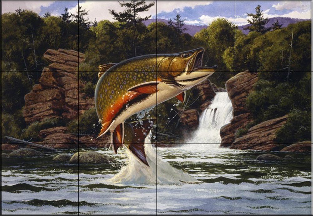 John Rice Brook Trout 2 Ceramic Tile Mural - Handcrafted Wall Art for Kitchen Backsplash, Bathroom Decor & Outdoor Patio