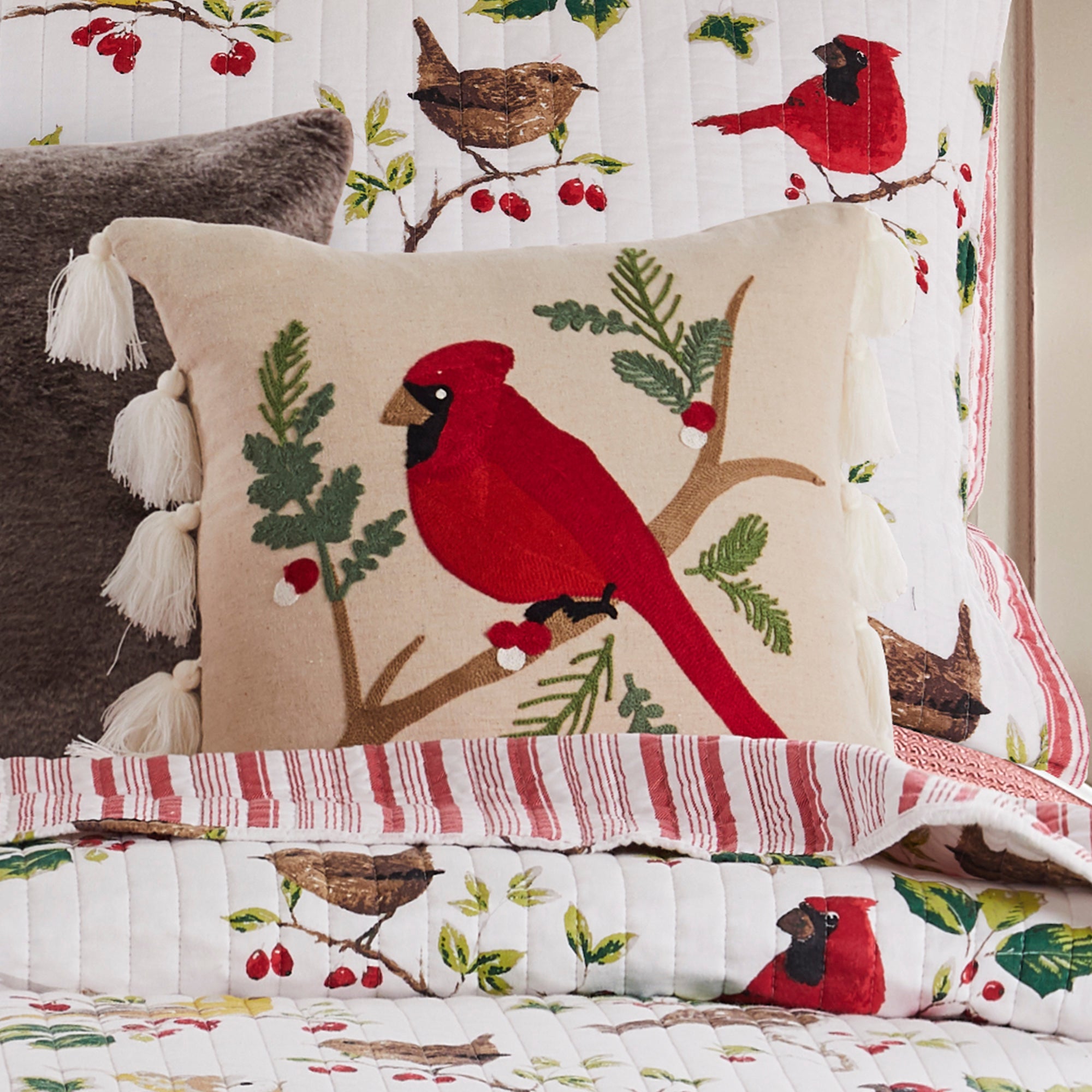 Joy Birds Cardinal Embroidered Tassel Pillow - Handmade Decorative Throw Pillow Cover for Sofa, Bed, Couch - Perfect for Living Room, Bedroom, Nursery Home Decor
