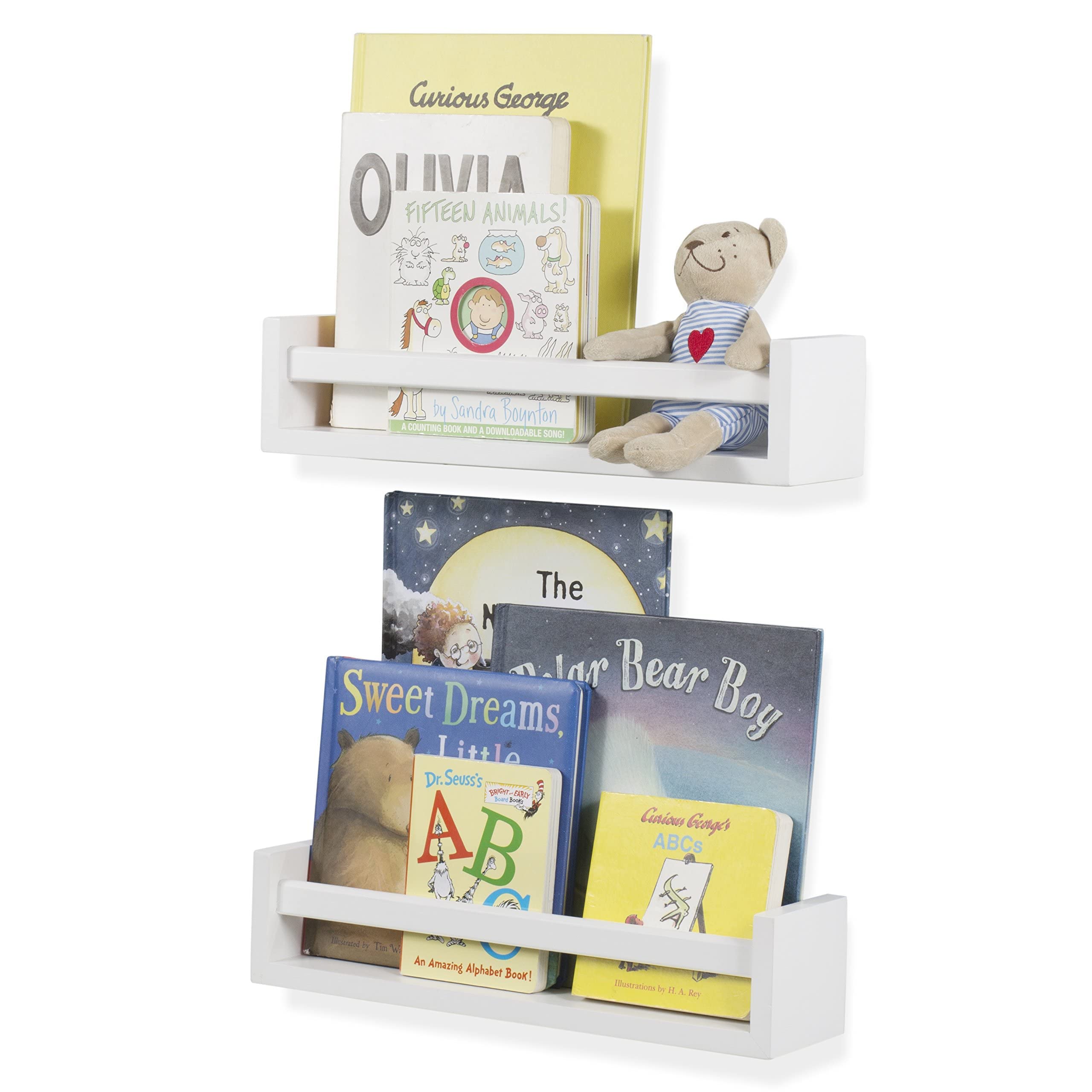 Set of 2 White Wood Wall Shelves for Nursery Room - Perfect for Baby Books, Toys & Decor Storage