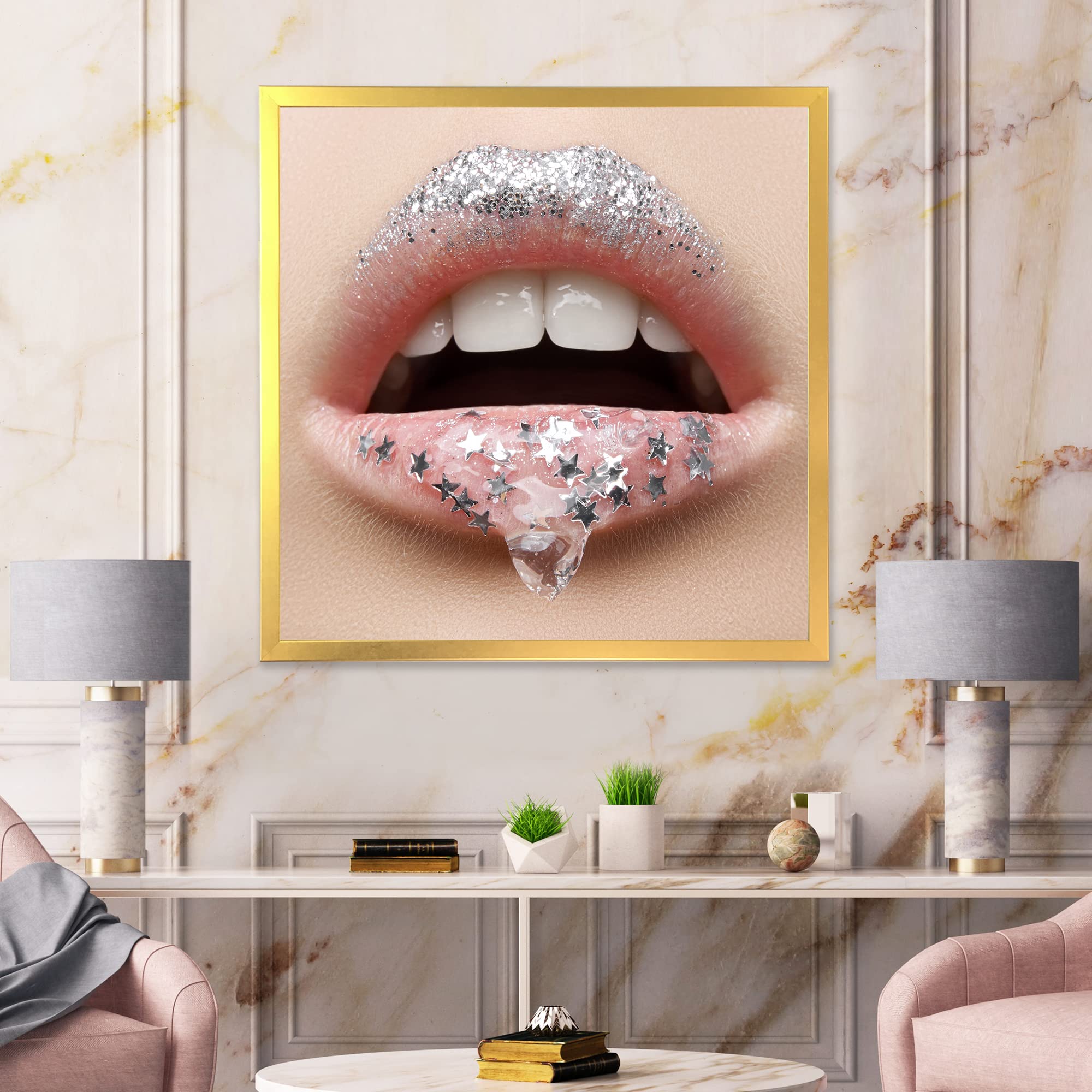 DesignQ Modern Framed Wall Art - Female Lips with Gel & Stars - Perfect for Living Room, Bedroom & Office Decor