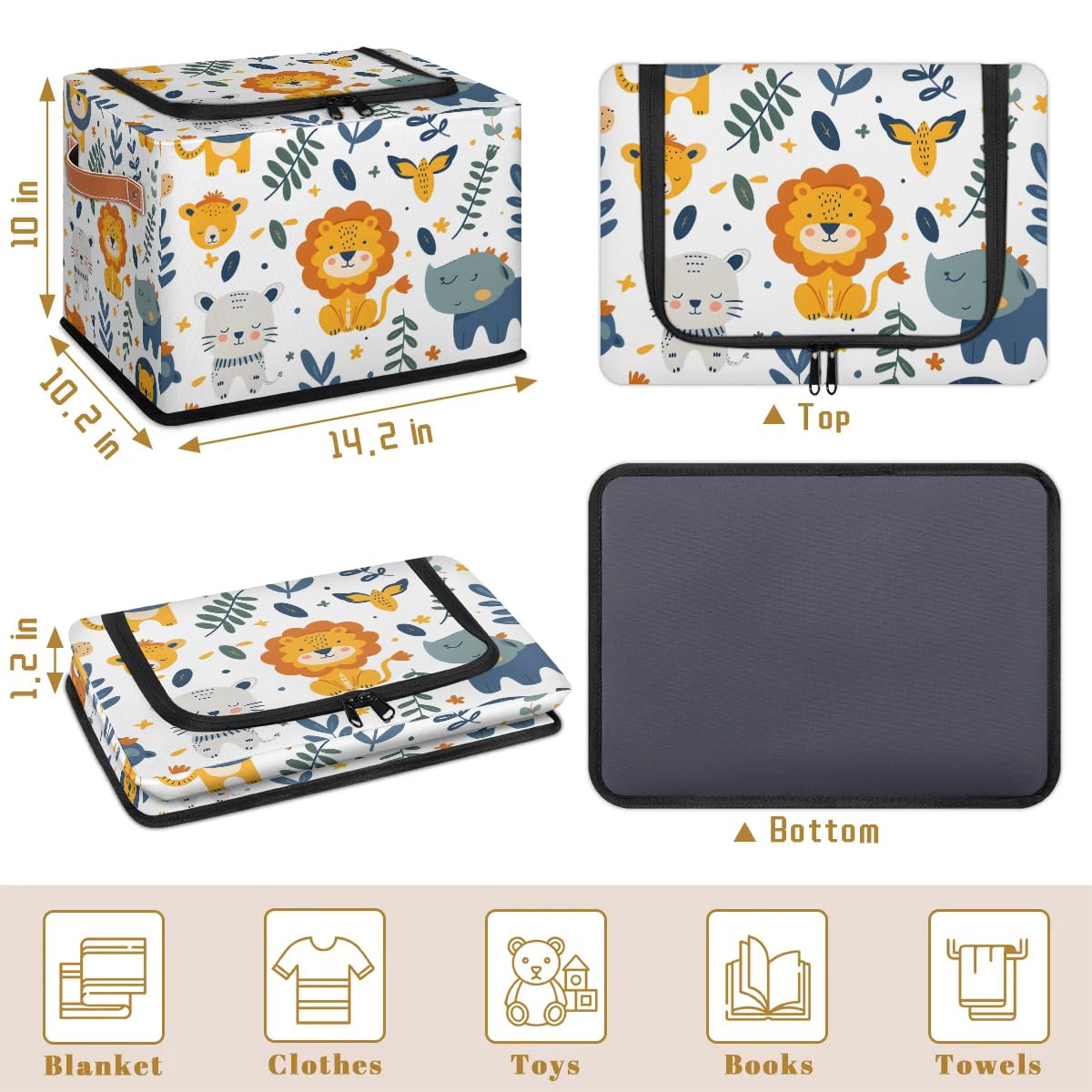 2-Pack Stackable Lion Print Storage Bins with Zipper Lid & Metal Frame - PU Handled Closet Organizer Cubes for Clothes, Toys, Blankets | Bedroom, Nursery, Playroom Storage Solution