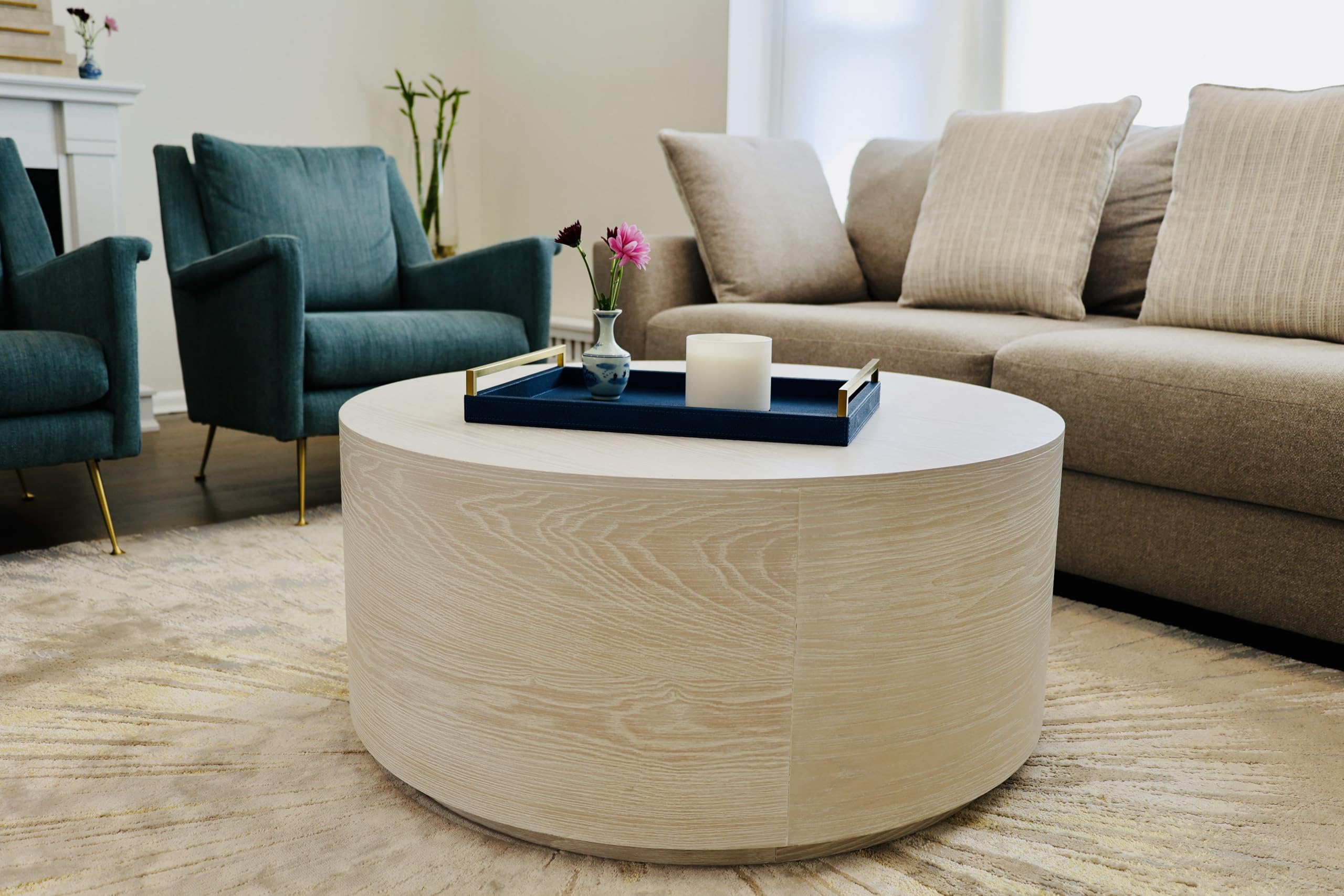 Luxury Navy Blue Shagreen Leather Ottoman Tray with Gold Handles - Large Decorative Serving Tray for Coffee Table, Dining, Bar, Party & Kitchen Island - Perfect for Entertaining, Bathroom Vanity Decor & Home Organization (Blue)