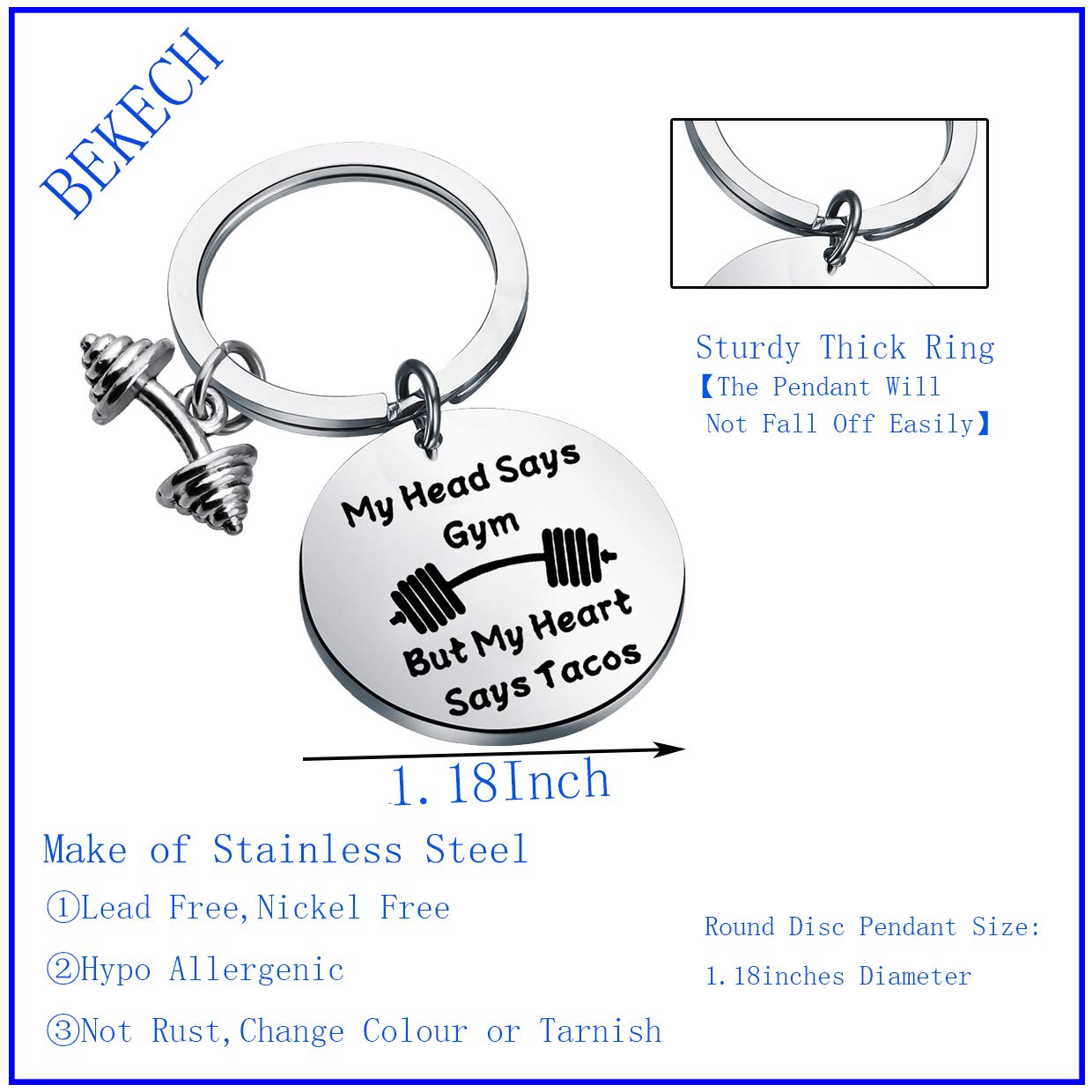 BEKECH Gym Keychain - My Head Says Gym But My Heart Says Tacos - Motivational Fitness Jewelry for Workouts, Gifts & Gym Lovers