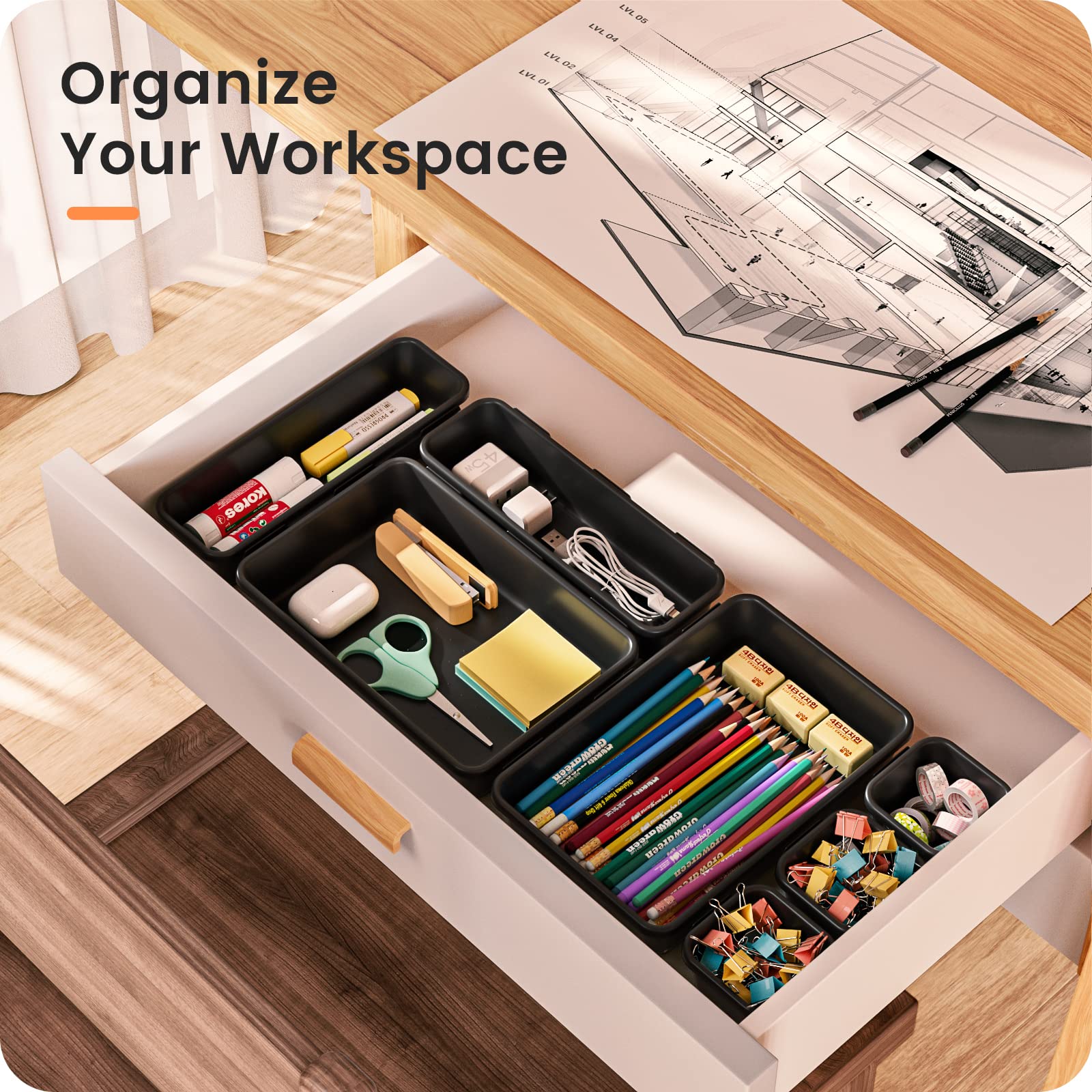 A-LuGei Plastic Black Desk Drawer Organizer - Bathroom Storage Bin & Makeup Organizer for Vanity, Office, Pantry - Perfect for Cosmetics, Utensils & Tools Organization (Home & Office Use)